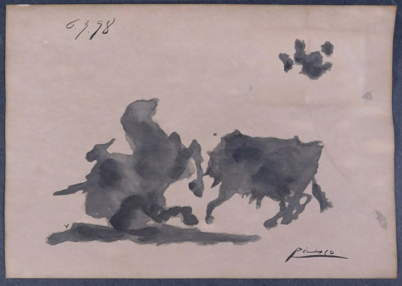 Style of Pablo Picasso: Rinato.: Style of Pablo Picasso (Spanish, 1881-1973) : Rinato. Pen and Ink on paper, signed lower right, dated 6.3.58 upper left, unframed, decorative stamps verso. The signature on this work has not been veri