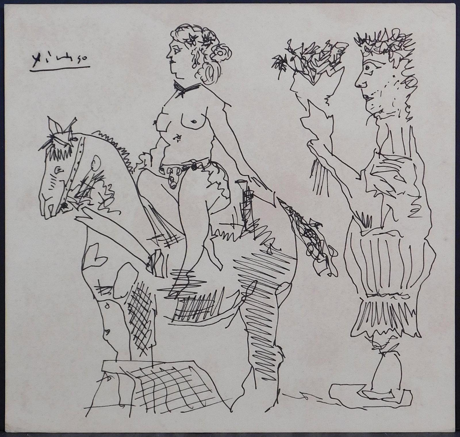 Style of Pablo Picasso: Femme Sur un Cheval: Style of Pablo Picasso (Spanish, 1881-1973) : Femme Sur un Cheval, Ink on paper, signed upper left, unframed, undated. The signature on this work has not been verified. 8 x 8.5 inches paper. Collectio