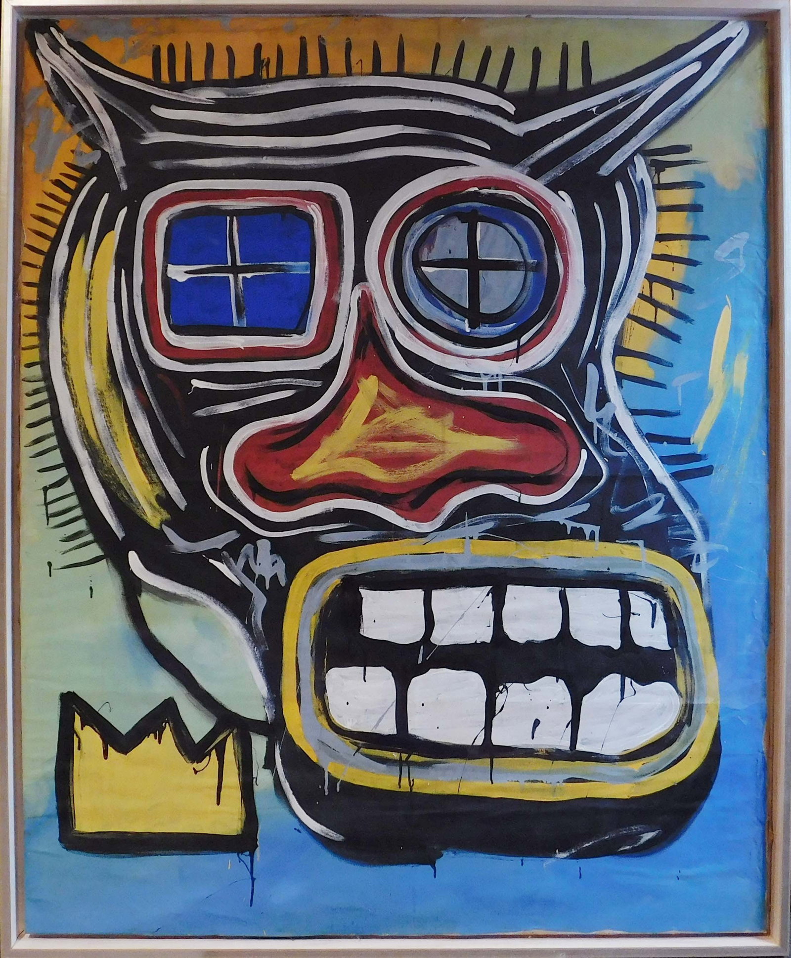 Jean-Michel Basquiat (Manner of): Face with Window Eyes (ME): Jean-Michel Basquiat (American, 1960-1988)(Manner of) : Face with Window Eyes (ME). Oil on canvas, signed on back and marked with a crown and 80, framed. Basquiat first achieved fame as part of SAMO, 
