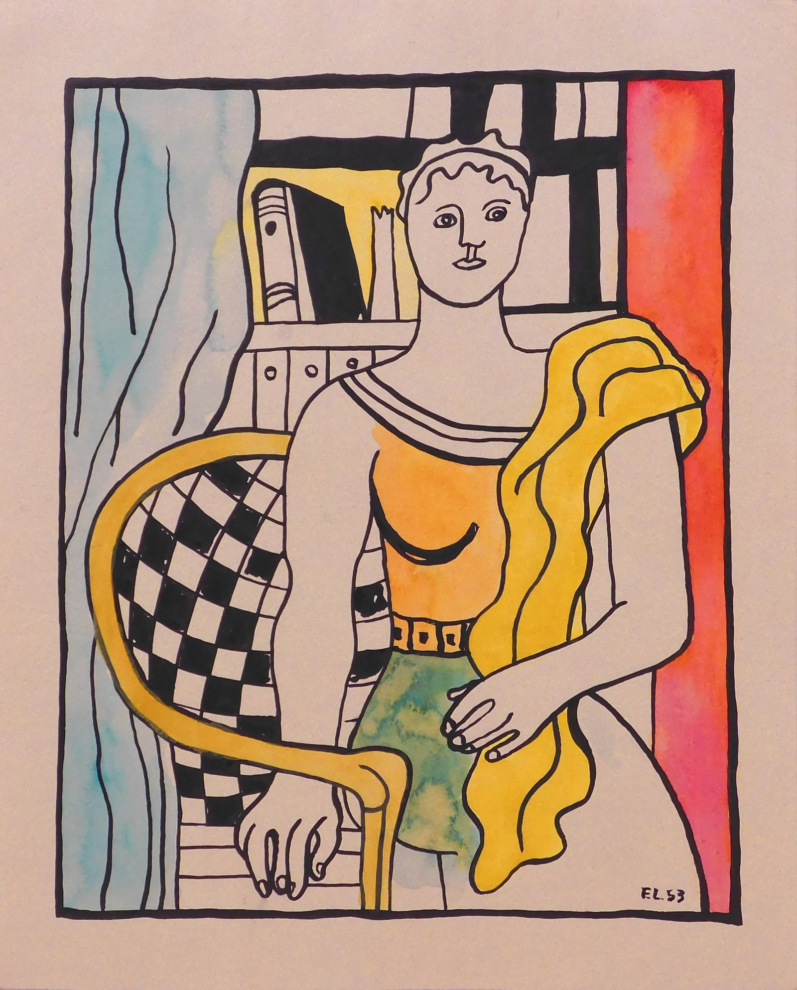 Fernand Leger, Manner of/ Attributed: Femme assise: Fernand Leger (French, 1881-1955), Manner of/ Attributed: Femme assise, 1953. Pen and ink and watercolor on paper, initialed and dated lower right, unframed. Joseph Fernand Henri Leger was a French pa