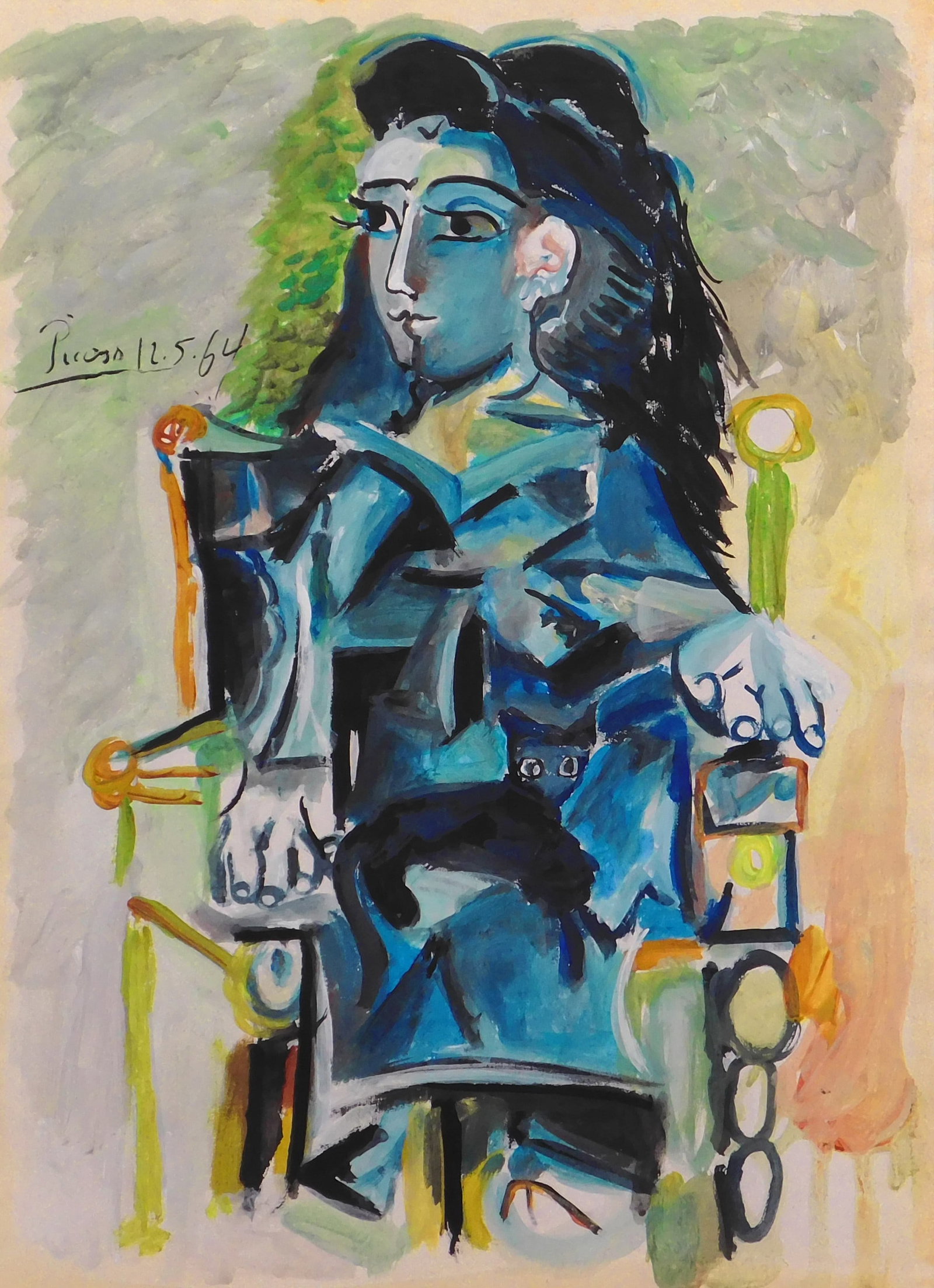 After Pablo Picasso: Jacqueline Assie avec son Chat Noir: After Pablo Picasso (Spanish, 1881-1973): Jacqueline Assie avec son Chat Noir. 12.5.64. Gouache on paper, signed and dated, decorative stamps verso. 12 x 8.5 inches paper. Private collection, Canada. 