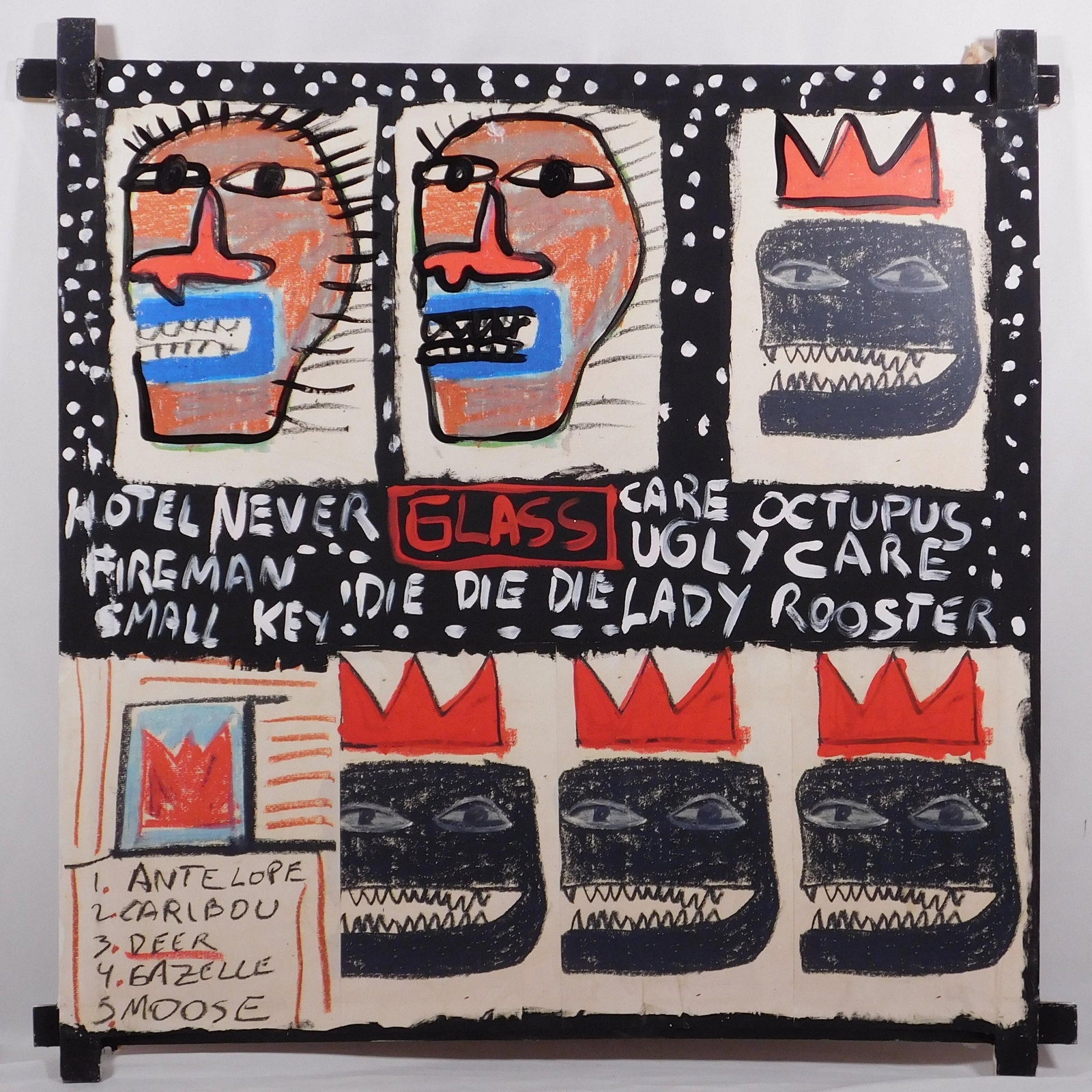 Jean-Michel Basquiat, Attributed: Hotel Never: Jean-Michel Basquiat (American, 1960-1988) Attributed: Hotel Never, 1982. Oil on chromolithograph prints and canvas collage, signed and dated verso, decorative stamps and labels verso. Basquiat first 