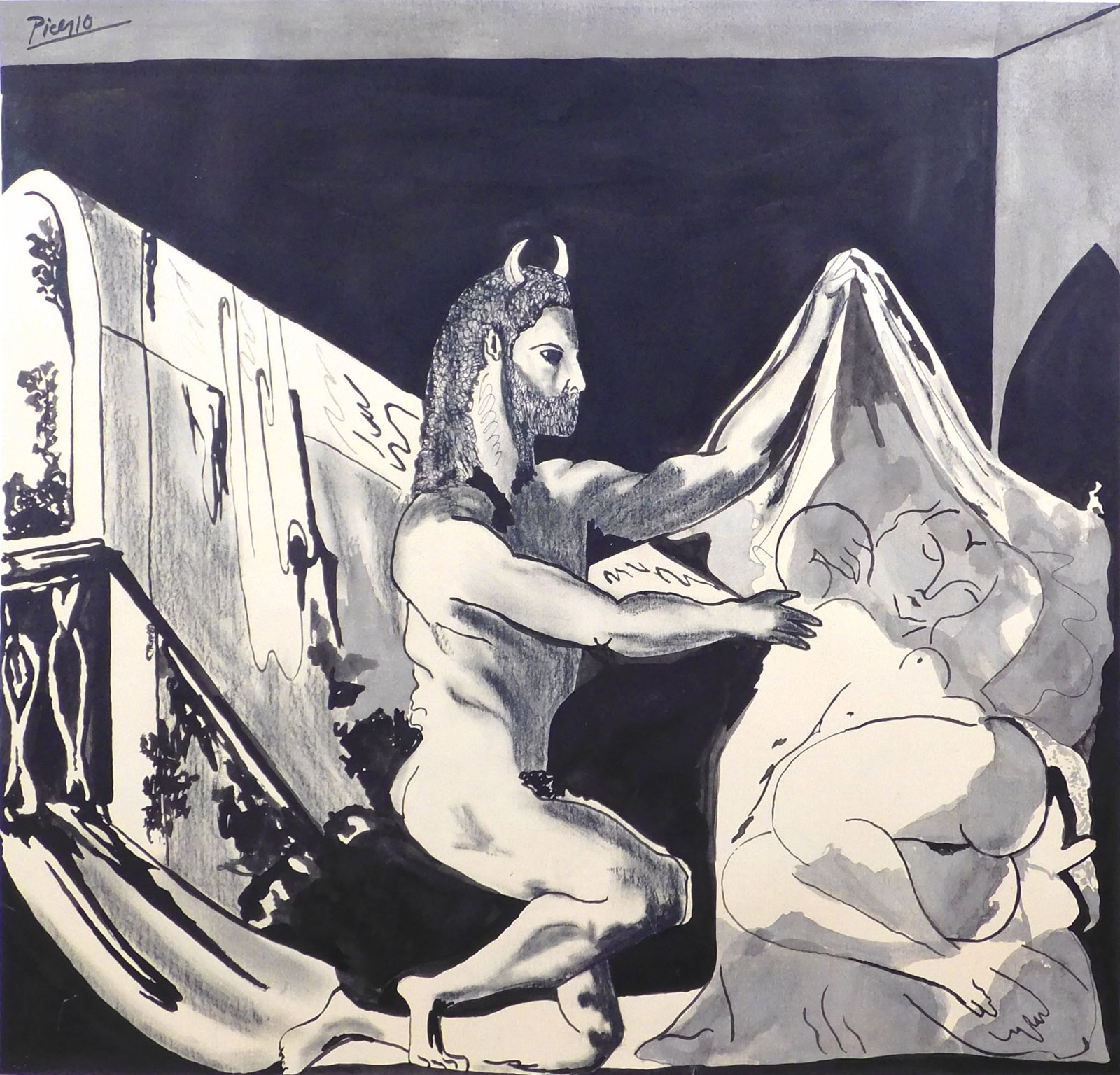Pablo Picasso, Style of: Faun Unveiling a Woman (Faune devoilant une femme): Pablo Picasso (Spanish, 1881-1973) Attributed/ Style of: Faun Unveiling a Woman (Faune devoilant une femme), 1936. Charcoal, pencil, and ink wash on paper, signed upper left, unframed. This drawing is