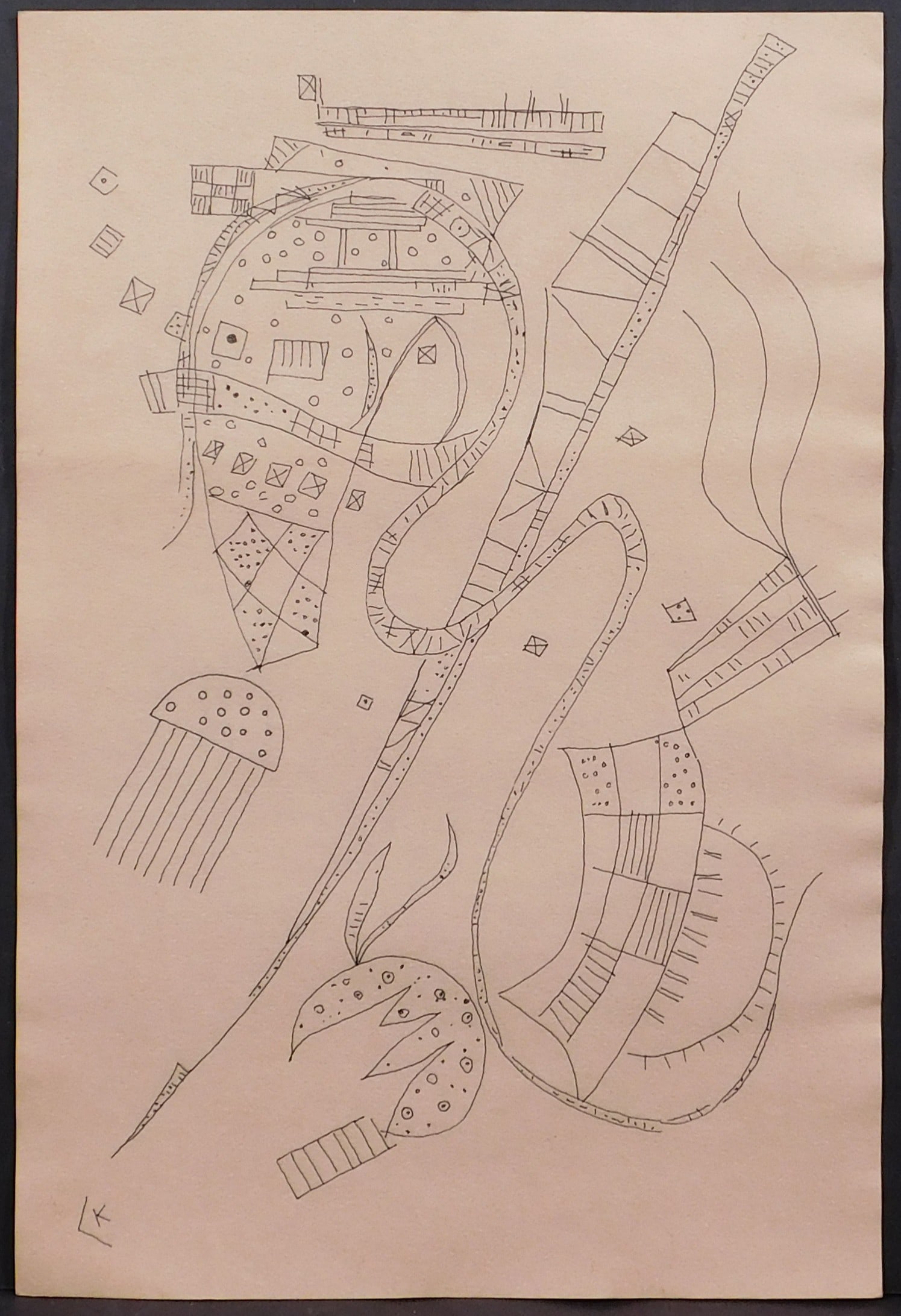 After Wassily Kandinsky: Fraternity: After Wassily Kandinsky (Russian, 1866-1944): Fraternity, ca 1970. Pen and ink on paper. Signed lower left. Unframed. Asger Oluf Jorn was a Danish painter, sculptor, ceramic artist, and author. He was