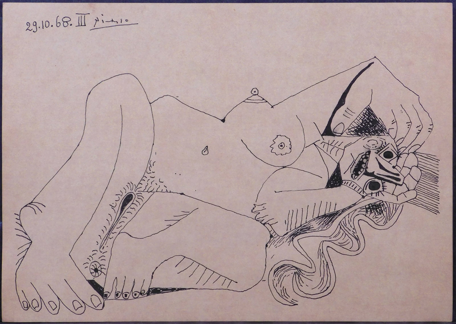 Style of Pablo Picasso: Femme Nue: Style of Pablo Picasso (Spanish, 1881-1973): Femme Nue , 29.10.68 III. Study in ink and ink wash on paper, unframed, signed lower left. 9.25 x 13 inches ; 23 x 32.9 cm paper. Private collection Englan