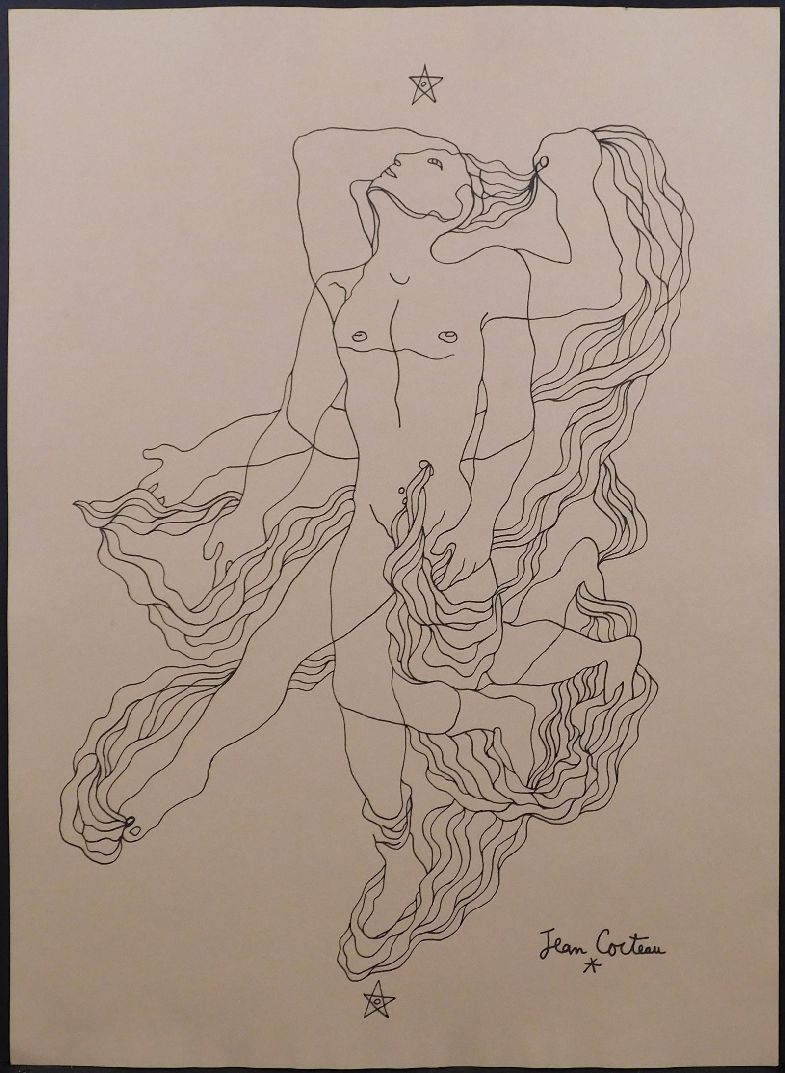 Jean Cocteau, Manner of: Surreal Figure Falling: Jean Cocteau (French, 1889-1963) Manner of: Surreal Figure Falling, pen and ink on paper, signed lower right, undated, unframed. Cocteau was one of the most multi-talented artists of the 20th century.