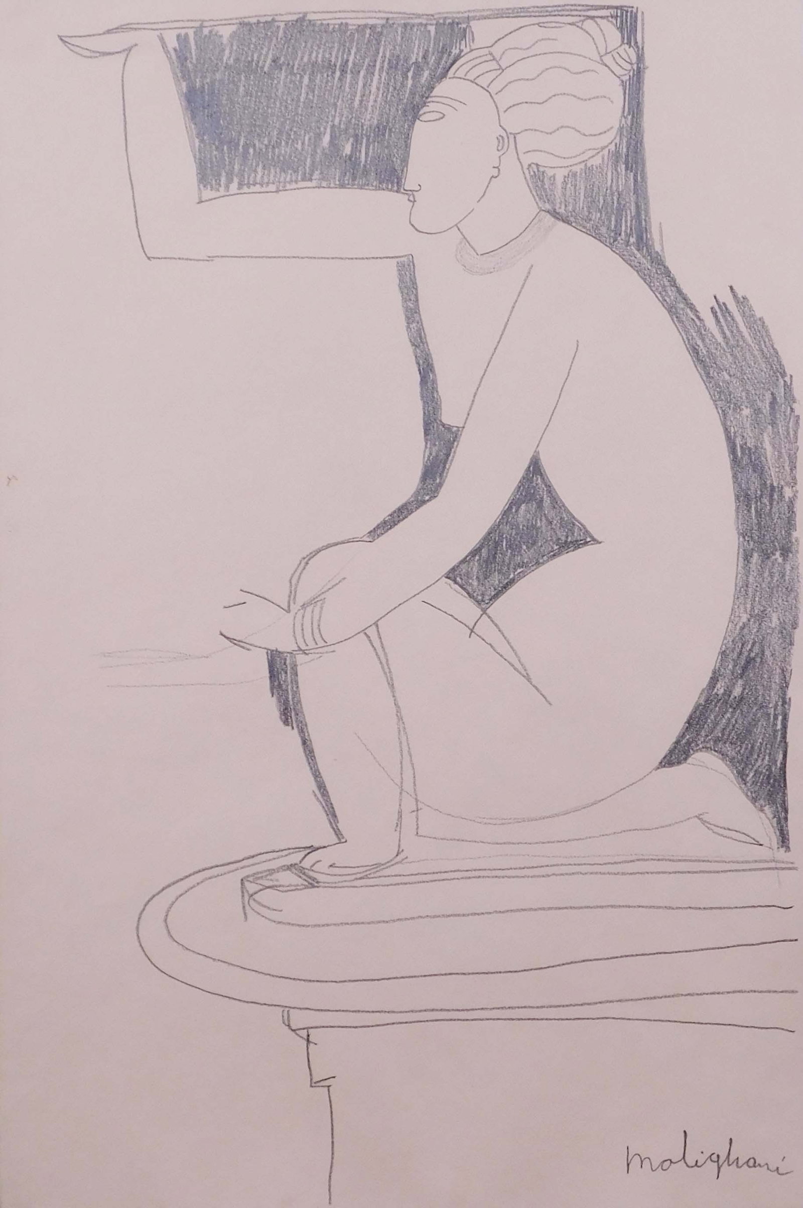 Amedeo Modigliani, Manner of: Crouching Caryatid: Amedeo Modigliani (Italian, 1884-1920) Manner of: Crouching Caryatid, ca 1910. Pencil on paper, signed lower right, unframed, decorative stamps and possible inventory number verso. Amedeo Modigliani w