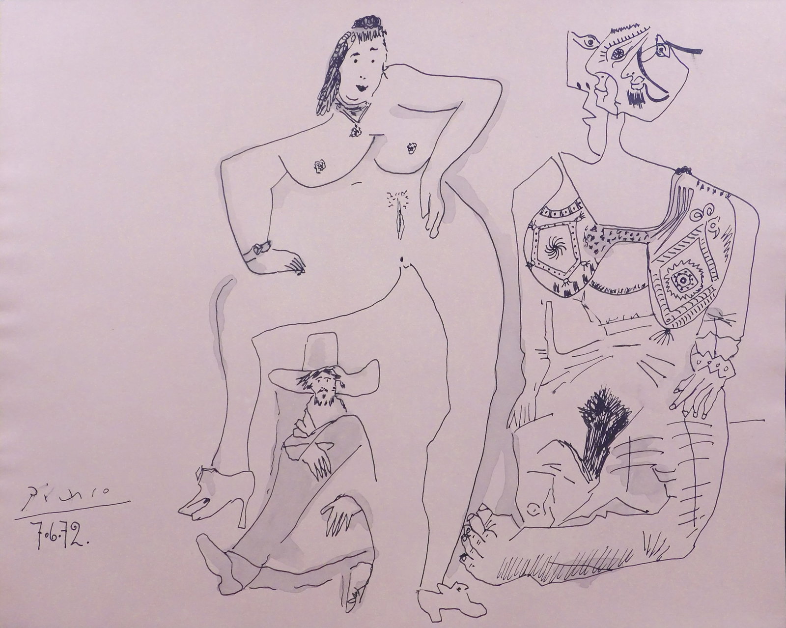 Style of Pablo Picasso: Two Nude Women and Onlooker: Style of Pablo Picasso (Spanish, 1881-1973): Two Nude Women and Onlooker, 7.6.72. Study in ink and ink wash on paper, unframed, signed lower left. 11.75 x 14.75 inches ; 29.6 x 37.5 cm paper. Private 