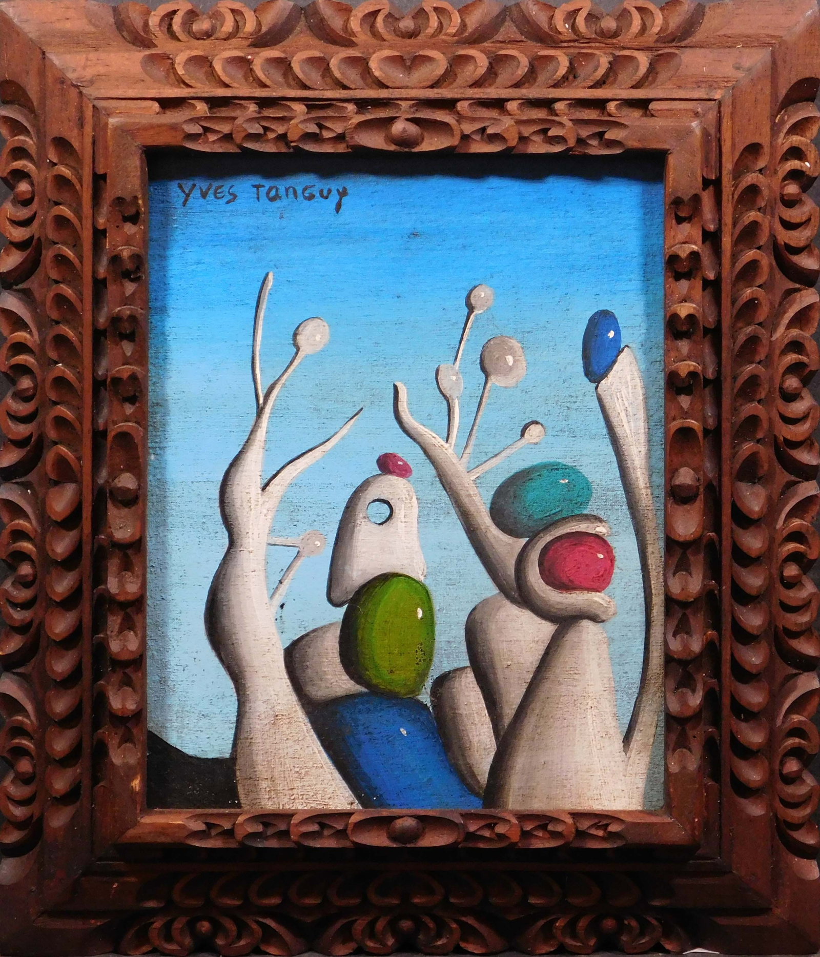 Style of Yves Tanguy: Surreal Landscape: Yves Tanguy (French/ American, 1900 - 1955) Manner of: Surreal Landscape. Oil on linen, signed upper left, framed, signed with a doodle verso. Born in Paris, Yves Tanguy became one of the leading arti