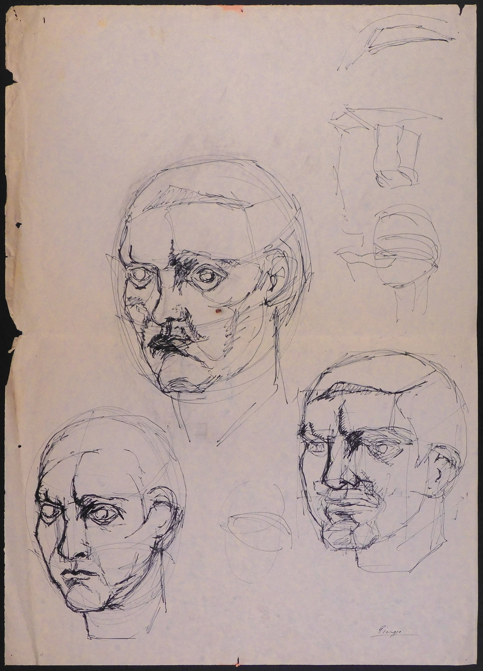 Pablo Picasso, Attributed: Double Sided Head Studies: Pablo Picasso (Spanish, 1881-1973) Attributed: Double Sided Head Studies. Ink and crayon on paper, signed lower right, undated, unframed. Verso is stamped twice. The signature on this work has not bee