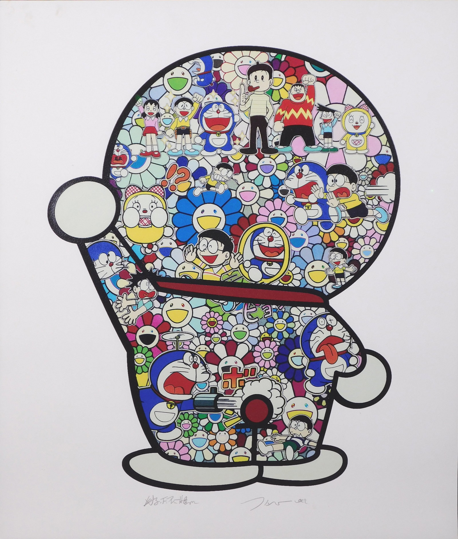 Takashi Murakami/Doraemon: Mr. Fujio and Doremon Are in the Field of Flowers: Takashi Murakami/Doraemon Creator Fijiko F. Fujio Collaboration: Mr. Fujio and Doremon Are in the Field of Flowers, circa 2021, Offest Lithograph with cold stamp amd high gloss varnish, Edition of
