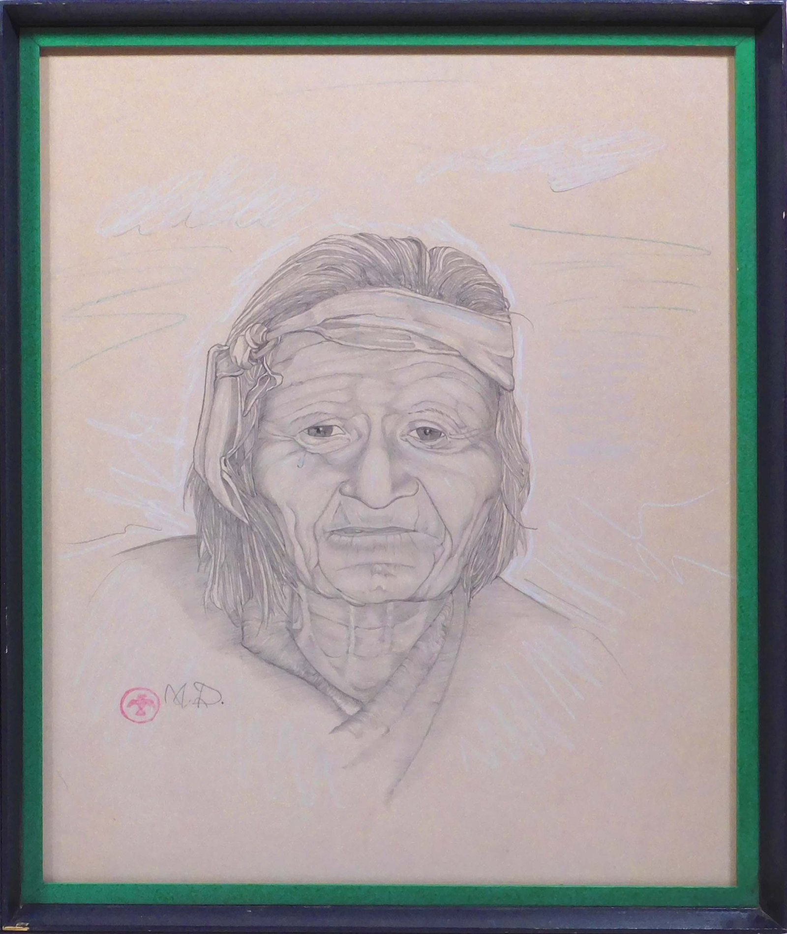 Maynard Dixon, Manner of/ Attributed: Portrait of an Elder: Maynard Dixon, Manner of/ Attributed (American, 1875-1946): Portrait of an Elder. Pencil and pastel on paper, signed in pencil, stamped next to signature, framed under museum glass. Born in Fresno, Ca