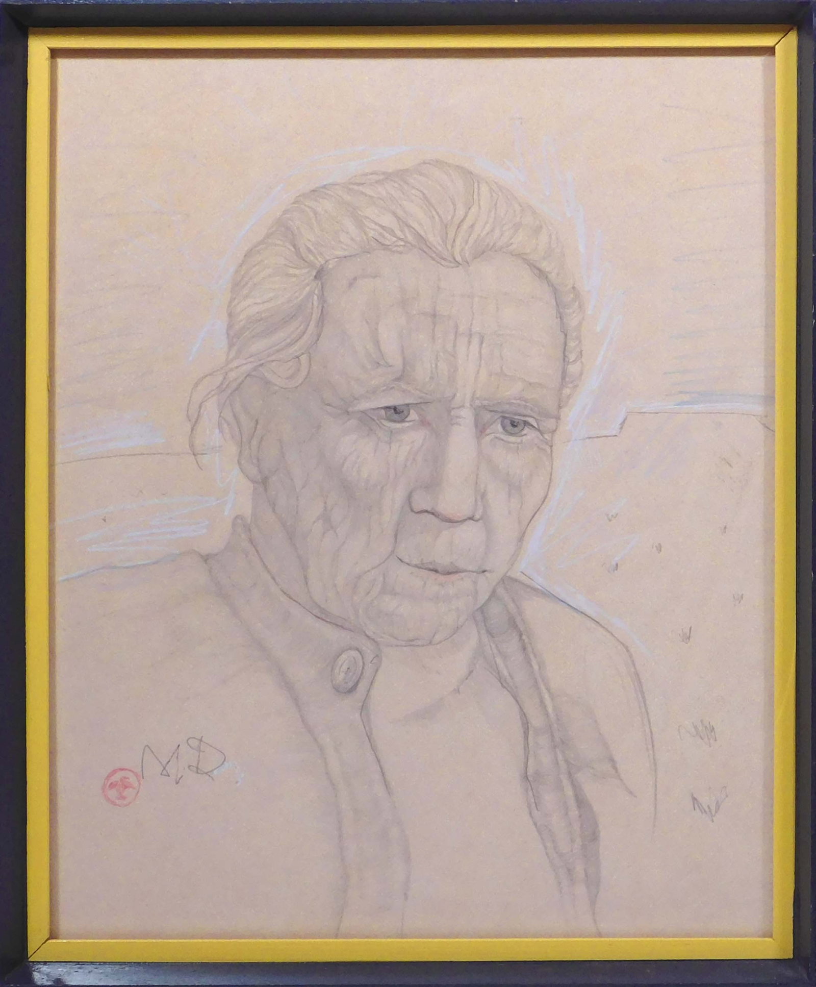 Maynard Dixon, Manner of/ Attributed: Portrait of an Elder: Maynard Dixon, Manner of/ Attributed (American, 1875-1946): Portrait of an Elder. Pencil and pastel on paper, signed in pencil, stamped next to signature, framed under museum glass. Born in Fresno, Ca