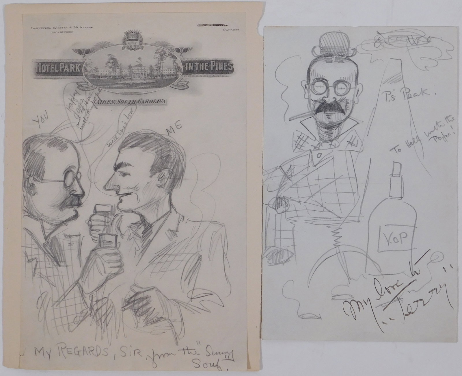 Teddy Roosevelt Doodles: Teddy Roosevelt Doodles: Satirical Sketches on Hotel Park in the Pines Stationary. Pencil on paper, one mounted to an extra sheet of paper. Artist unknown. Letter written on the back of one sheet.
