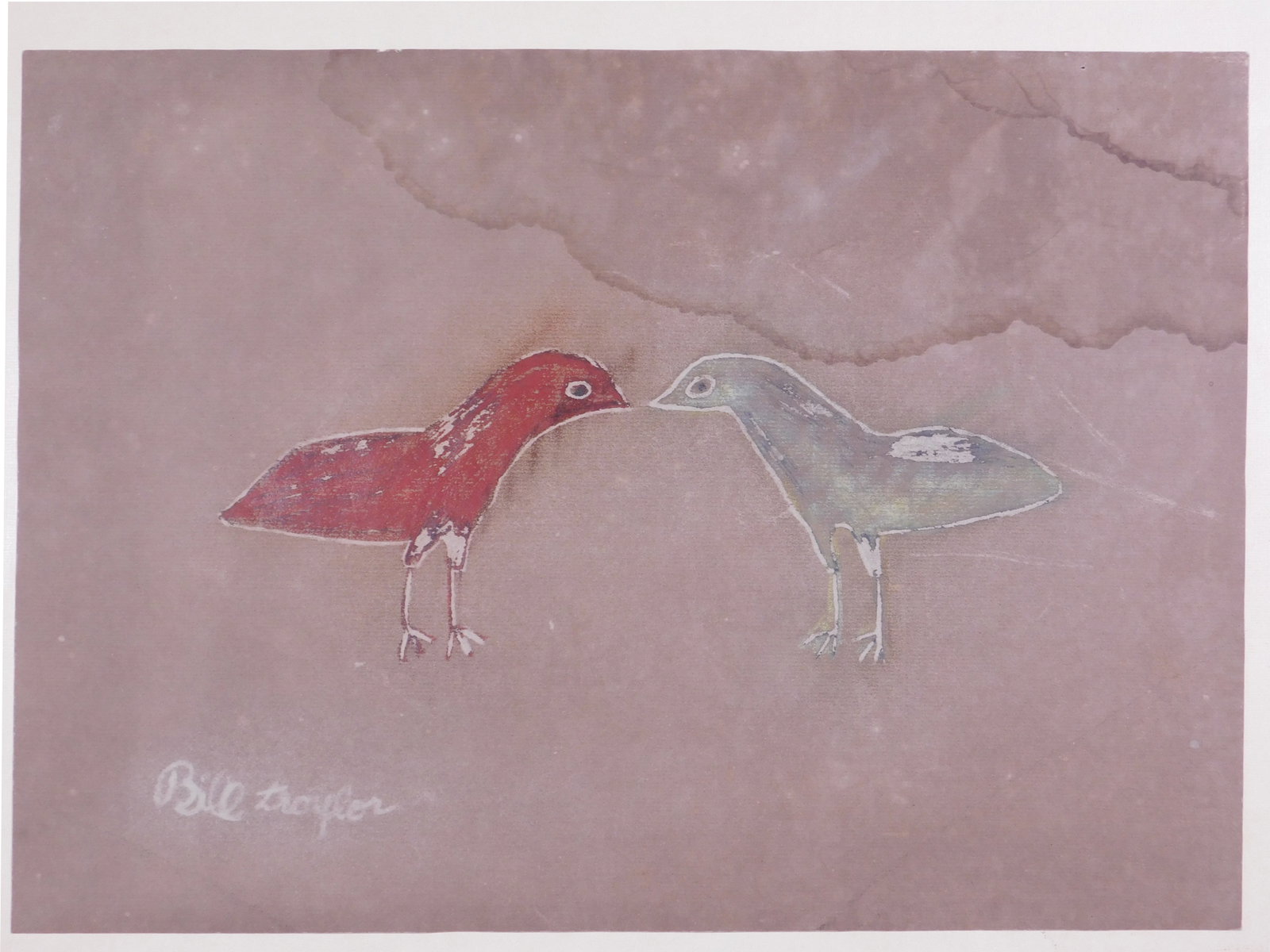 Bill Traylor, Attributed: Birds, Mixed Media Painting: Bill Traylor, (1854 to 1947), Attributed: Birds. Mixed media on paper painting, mounted to the back of a lithographic print. Signed in the lower left. Matted and framed. William or Bill Traylor,