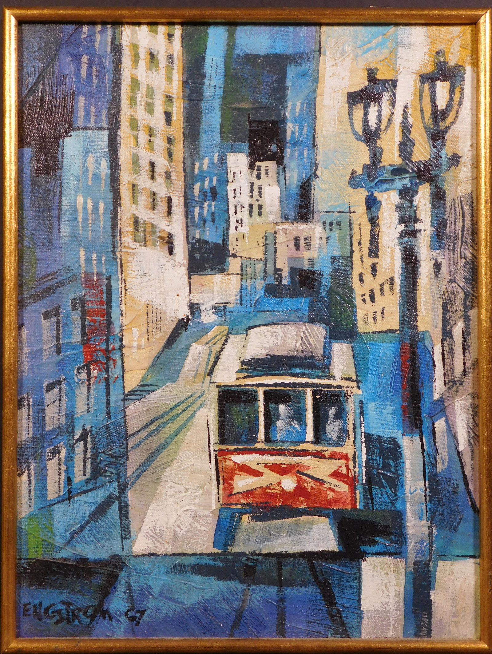 Martin Engstrom: Cable Car: Martin Engstrom (b.1952): Cable Car on a City Hill (San Francisco?), Oil on canvas, signed, dated '67, framed. 16x12 inch canvas; 17 x 12.75 inch frame Private collection, Massachusetts, USA. Good