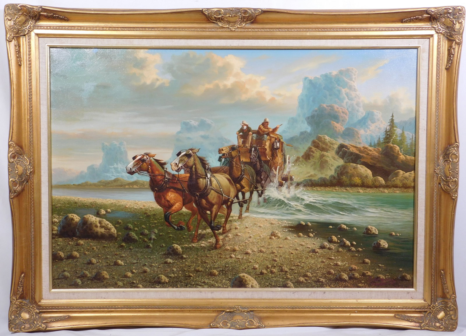 Sorgis: Stagecoach Western Oil Painting: Sorgis: Stagecoach Western Oil Painting, signed and framed, c.1980. 24x36 inch canvas; 31x43 inch frame Private collection, Massachusetts, USA. Overall good condition with some surface grime. NOTE: