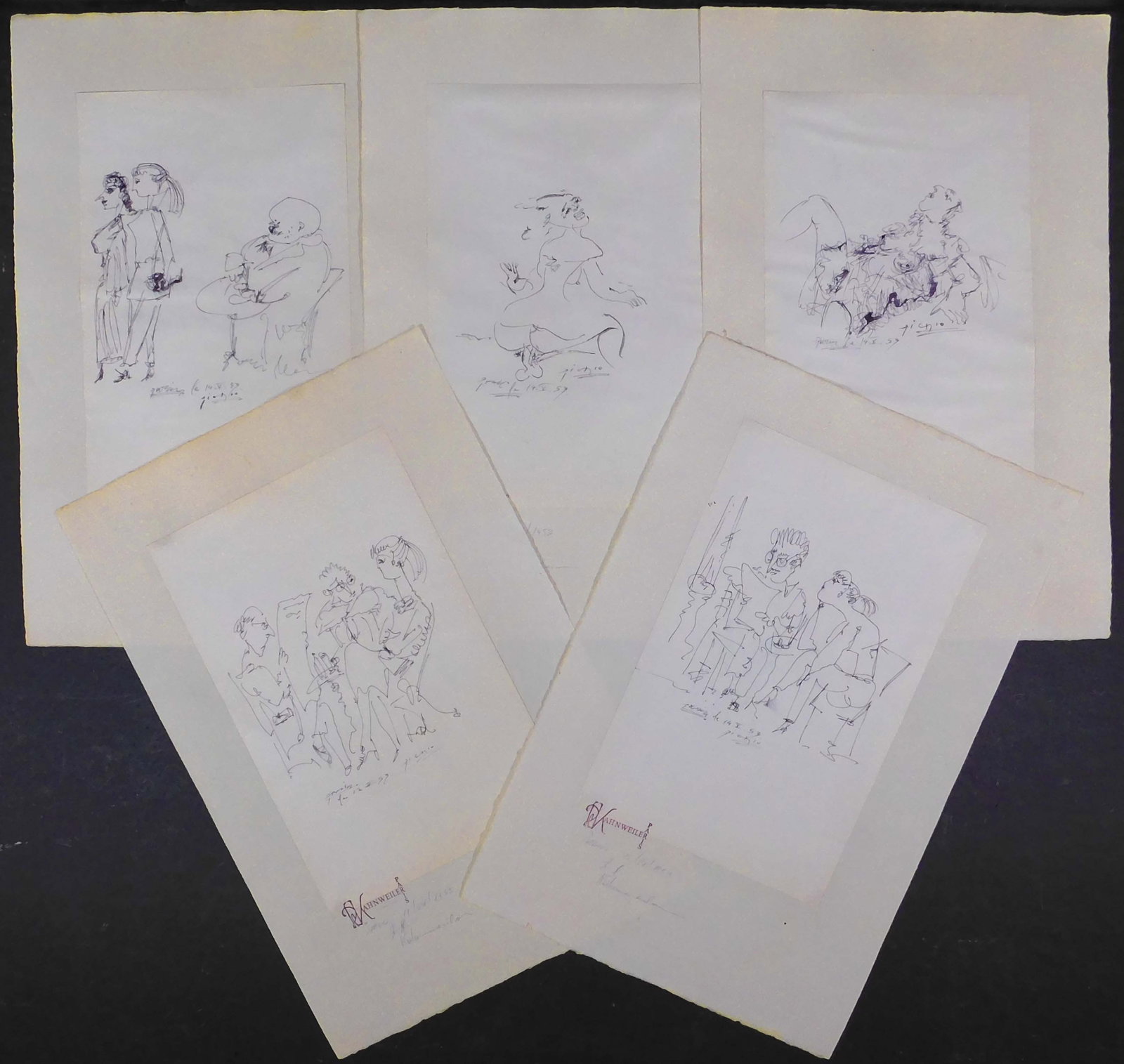 Style of Pablo Picasso: Collection of 5 Caricature Sketches: Style of Pablo Picasso (Spanish, 1881-1973): Collection of 5 Caricature Sketches, 1953. Set of hand drawn pen sketches on paper, mounted to larger paper. Each drawing is signed, dated and marked