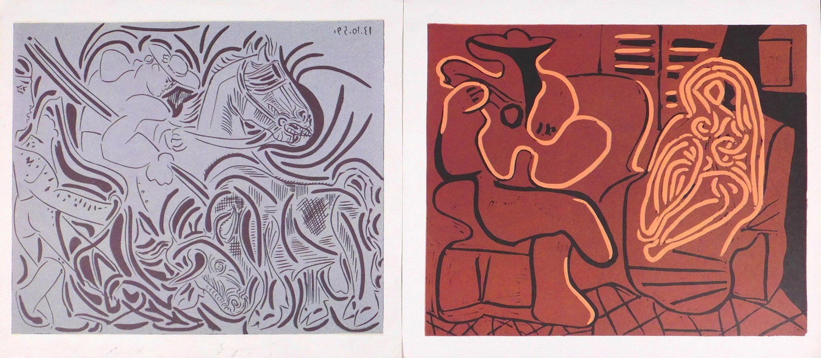 Pablo Picasso: Two Offset Lithographs: Pablo Picasso (Spanish, 1881-1973): Two Offset lithographs from an unknown edition, both unframed. 12.5 x 14 inches each with margins; 10.5 x 13 inches plate. Collection of a California Gentleman.