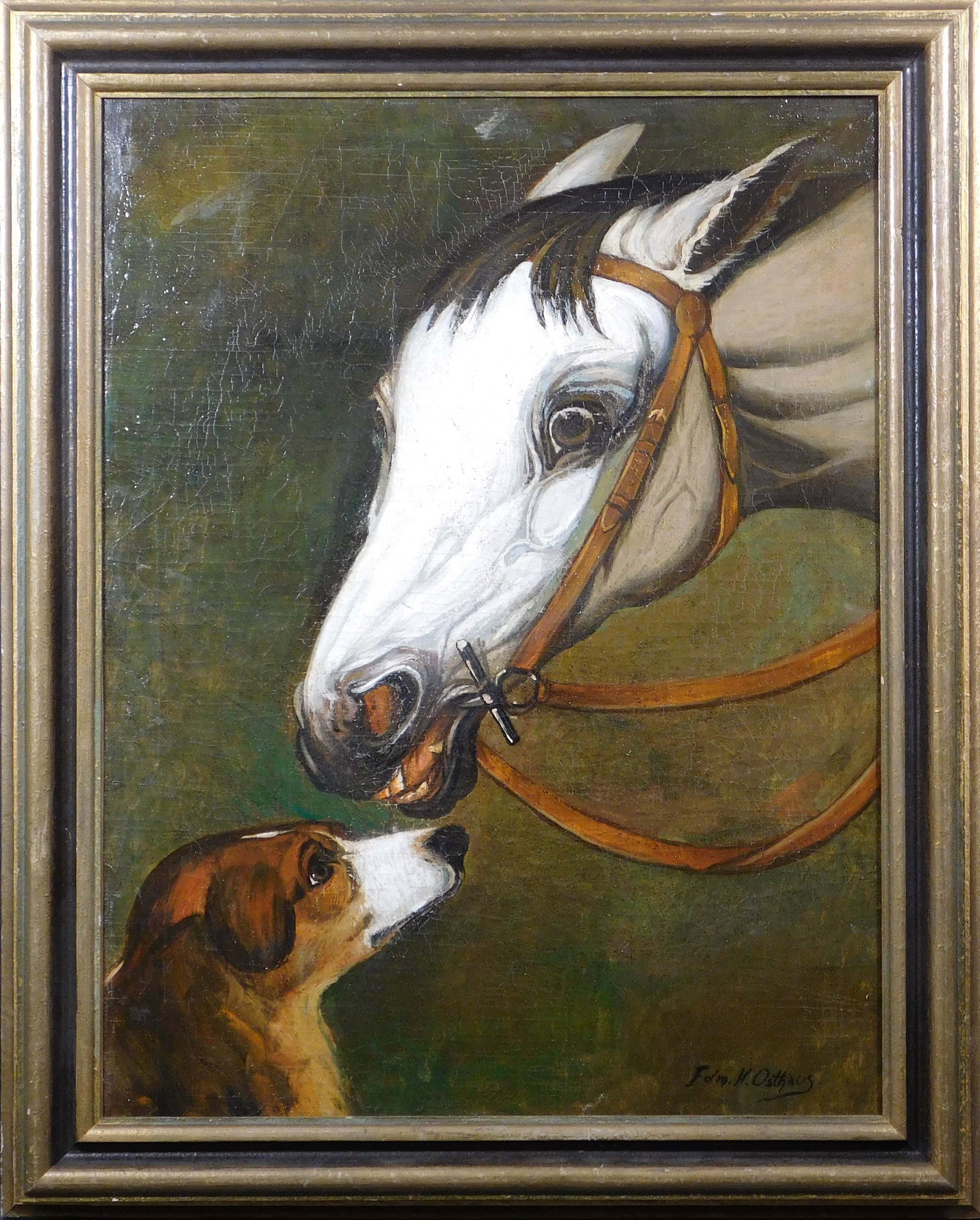 Edmund Henry Osthaus, Manner of: Horse and Dog: Edmund Henry Osthaus (German/ American, 1858 - 1928) Manner of: Horse and Dog. Oil on canvas, signed lower right, framed. Born in Hildesheim, Germany, Edmund Osthaus studied at the Royal Academy of