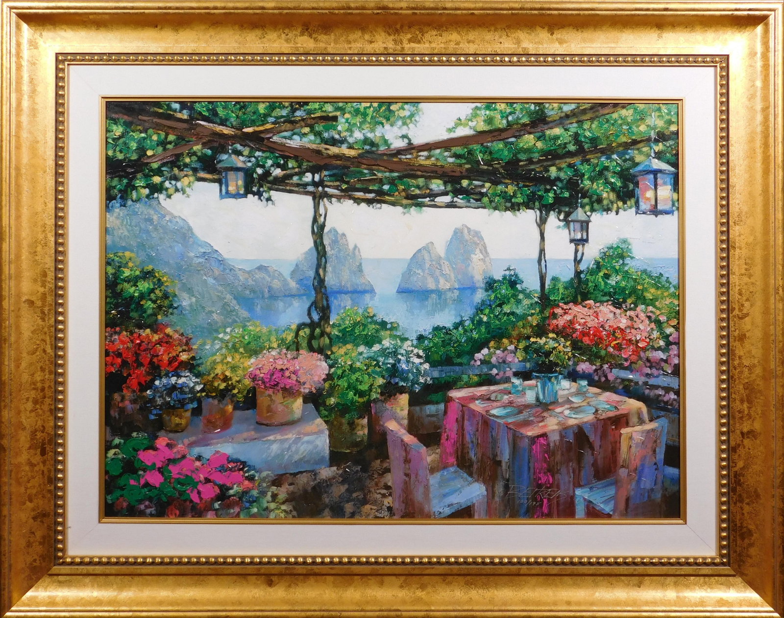 Howard Behrens: Table for Two - Capri: Howard Behrens (1933-2014): Table for Two - Capri. Enhanced print on canvas, signed and numbered (103/195) lower right. Behrens was one of the world's most renowned palette artists, inspired to