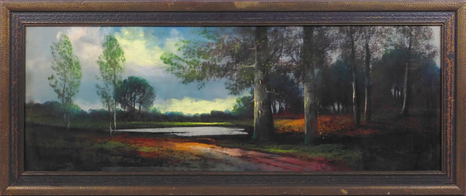 Tonalist Wetlands Landscape: Tonalist Wetlands Landscape: Pastel on paper, signed illegibly lower left, framed. 15.5 x 37.5 inches framed; 11.5 x 33.5 inches sight. Private collection, Madison, WI, USA. Excellent condition;