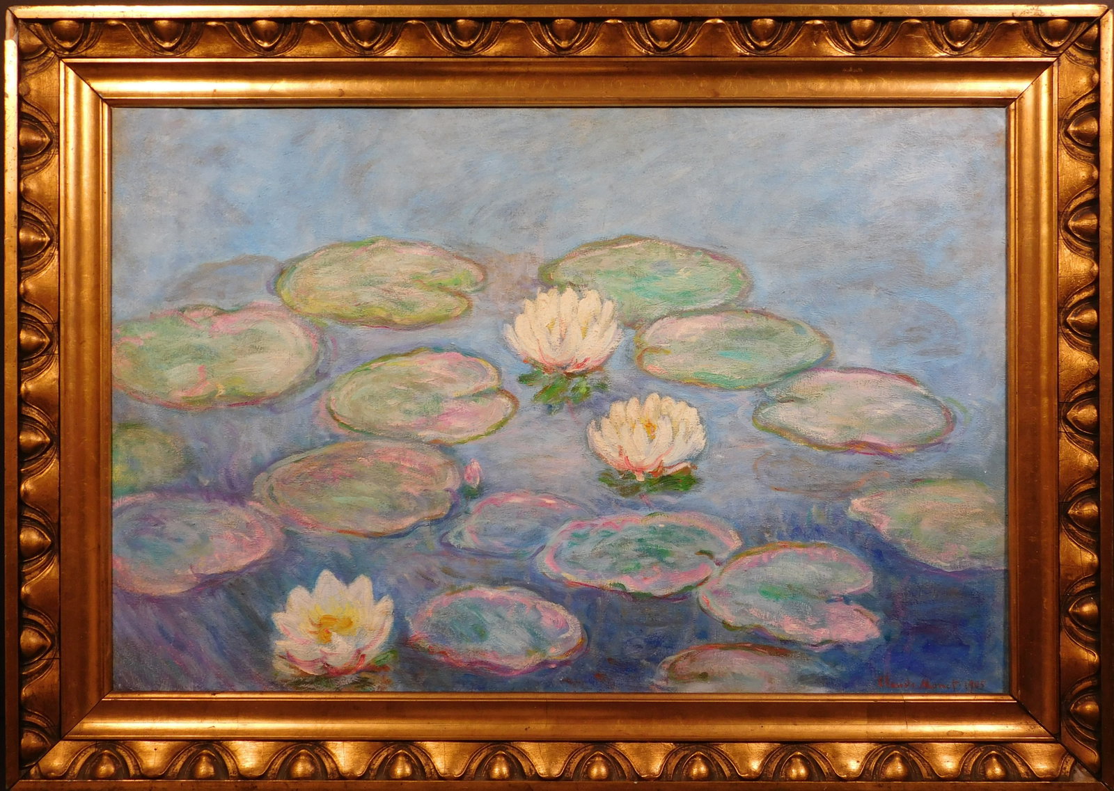 Claude Monet (After): Nymphias: Claude Monet (French, 1840-1926) After/Manner of: Nymphias , Oil on an antique canvas, signed Claude Monet and dated 1905 on the lower right corner, framed. There is an identification label on the