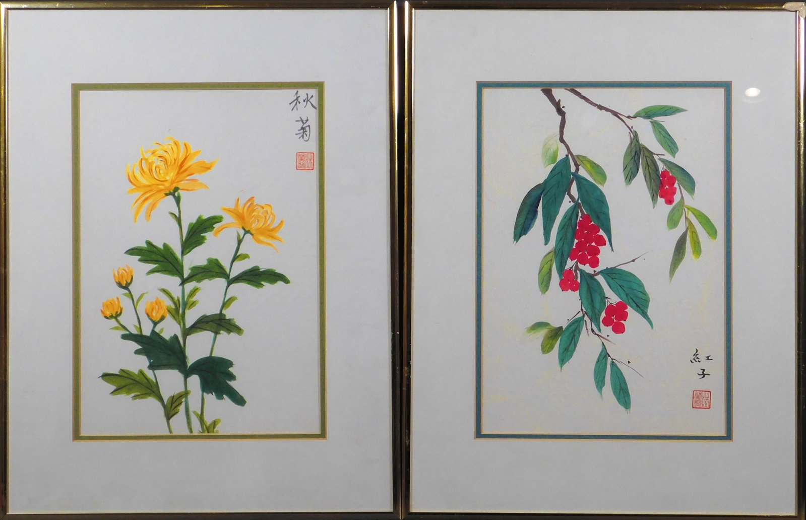 Two Chinese Floral Watercolors: Two Chinese Floral Watercolors. Watercolor on paper, sealed with the artist's stamp, framed. 17.5 x 13.25 inches framed; 11.5 x 8 inches sight each. Private collection, Maine, USA; 2010, Private colle