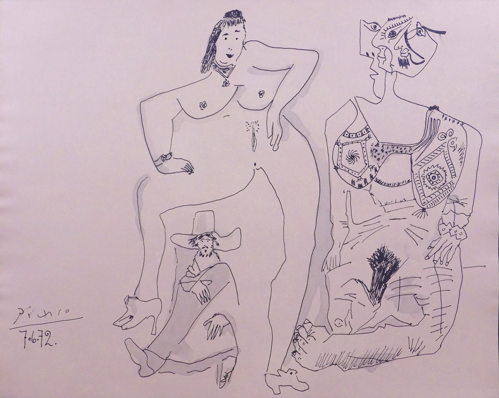 Style of Pablo Picasso: Two Nude Women and Onlooker: Style of Pablo Picasso (Spanish, 1881-1973): Two Nude Women and Onlooker, 7.6.72. Study in ink and ink wash on paper, unframed, signed lower left. 11.75 x 14.75 inches ; 29.6 x 37.5 cm