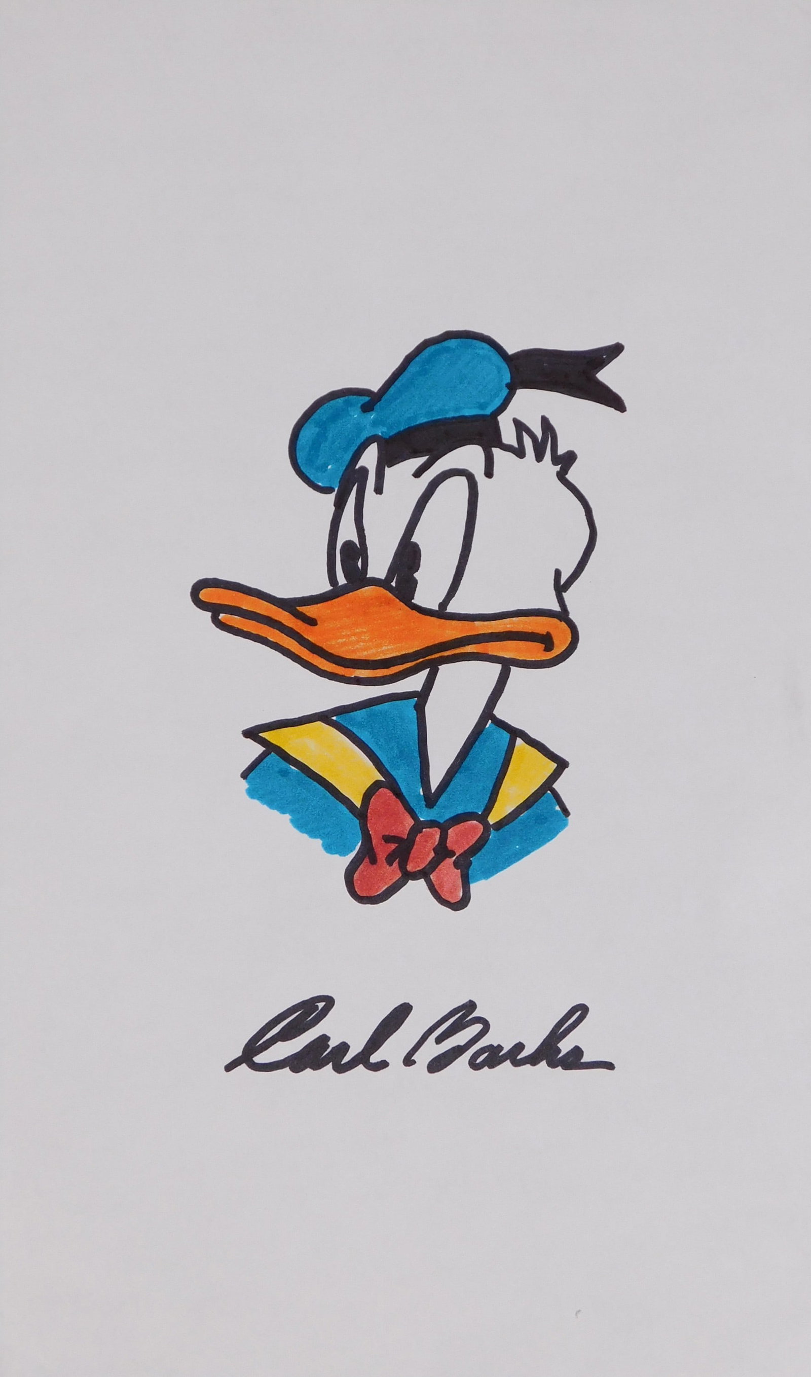 Carl Barks Attributed: Donald Duck: Carl Barks (1901-2000)Attributed: Souvenir Portrait of Donald Duck. Illustration markers on white bond paper, signed. Carl Barks drew and wrote the first original Donald Duck comic book stories. 8.5