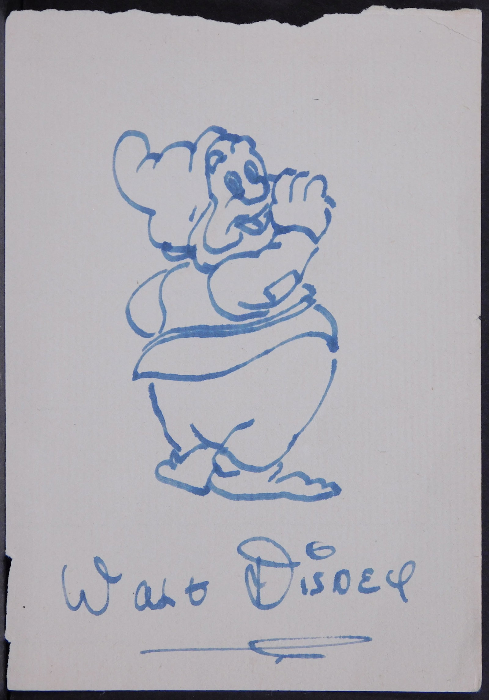 Walt Disney Attributed : Dwarf: Walt Disney (1901-1966) Attributed: One of the Seven Dwarfs. Pen and blue ink on laid paper. Approx. 5 x 3.5 inches Private collector, New York. Good condition with uneven edges and some handling