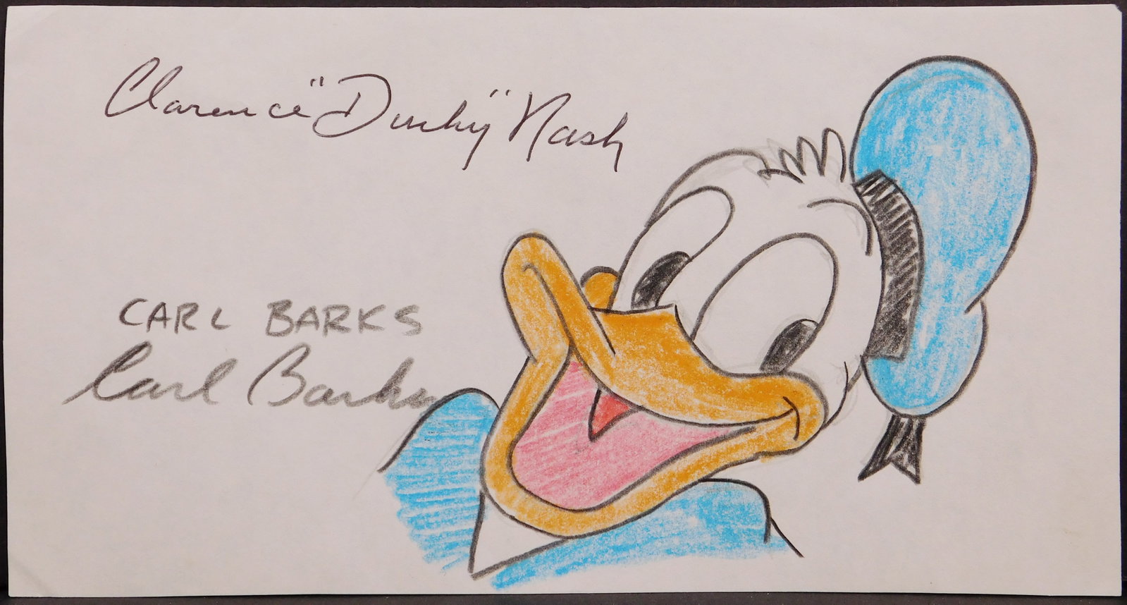 Carl Barks and Clarence Nash: Donald Duck: Carl Barks (1901-2000) and Clarence "Ducky" Nash (1904-1985) Attributed: Portrait of Donald Duck. Colored pencils on white bond paper. signature is in ball point pen, Barks rendered in