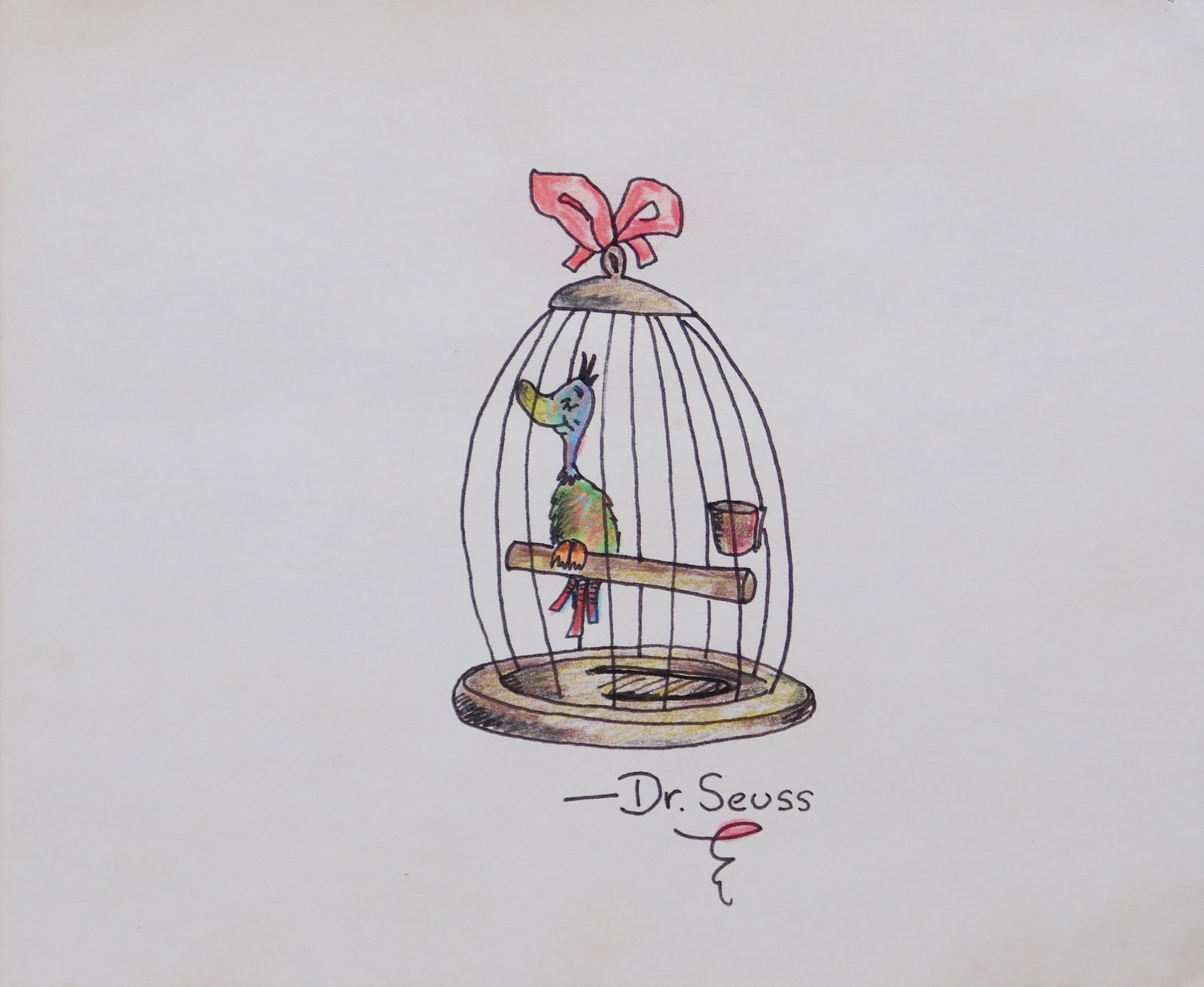 Dr. Seuss Attributed: Bird in a Cage: Dr. Seuss Attributed (1904-1991): Bird in a Cage: Hand-drawn ink with colored pencil on buff-toned drawing paper. 7.2 x 8.4 inches Private collector, New York. Good condition. Verso has soiling and