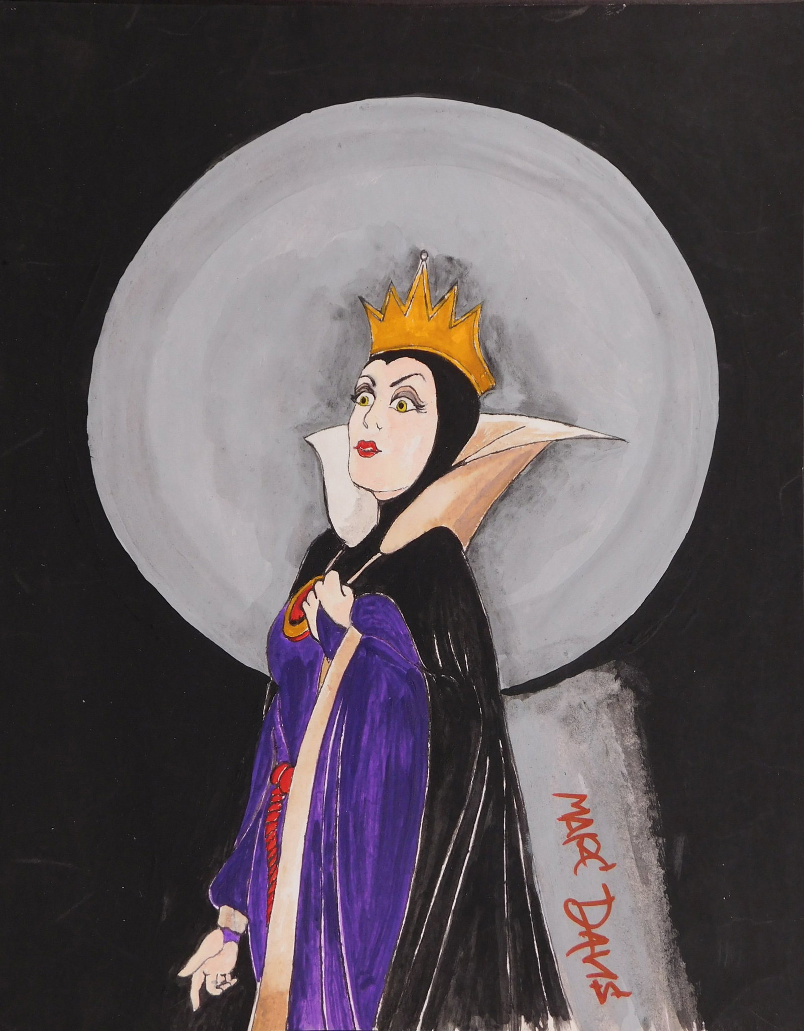 Marc Davis Attributed: Evil Queen (Queen Grimhilde): Marc Davis (1913-2000) Attributed: The Evil Queen from Snow White. Pen and ink with gouache on paper, signed. 10.5 x 8.5 inches. Private collector, New York. Good condition with some mild scuffs.