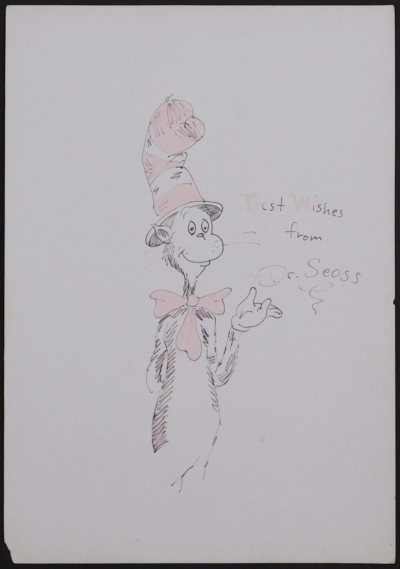 Dr. Seuss, Manner of: Best Wishes, Cat In The Hat: Dr. Seuss (American, 1904-1991) Manner of: Best Wishes, Cat In The Hat. Pen and ink with red ink on paper, signed, unframed. Theodor Seuss Geisel was an American children's author and cartoonist. He