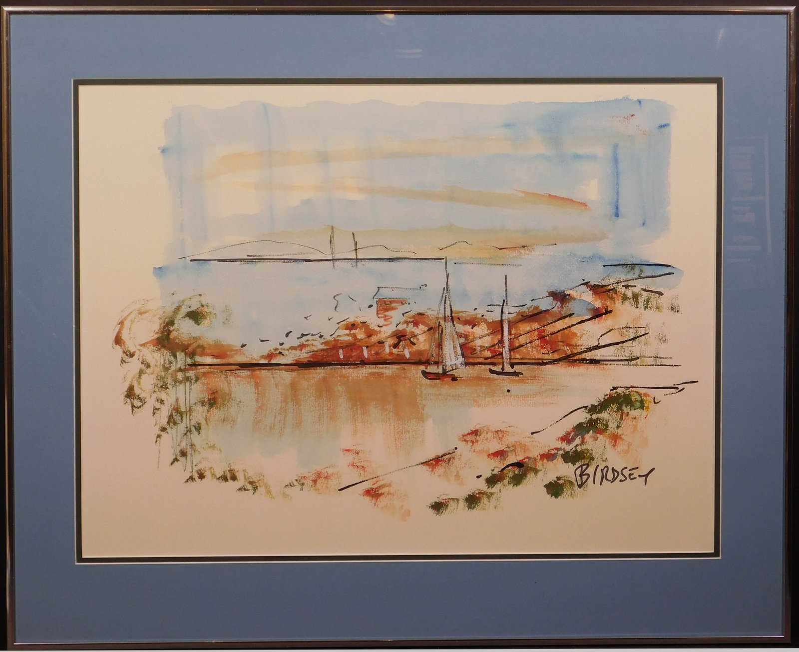 Alfred Birdsey: Shore with Sailboats: Alfred Birdsey (Bermuda, 1912-1996): Shore with Sailboats, Signed watercolor, circa 1990, framed. 17.5 x 23.5 inches image; 24 x 29.25 inches frame. From a corporate collection Good condition. NOTE: