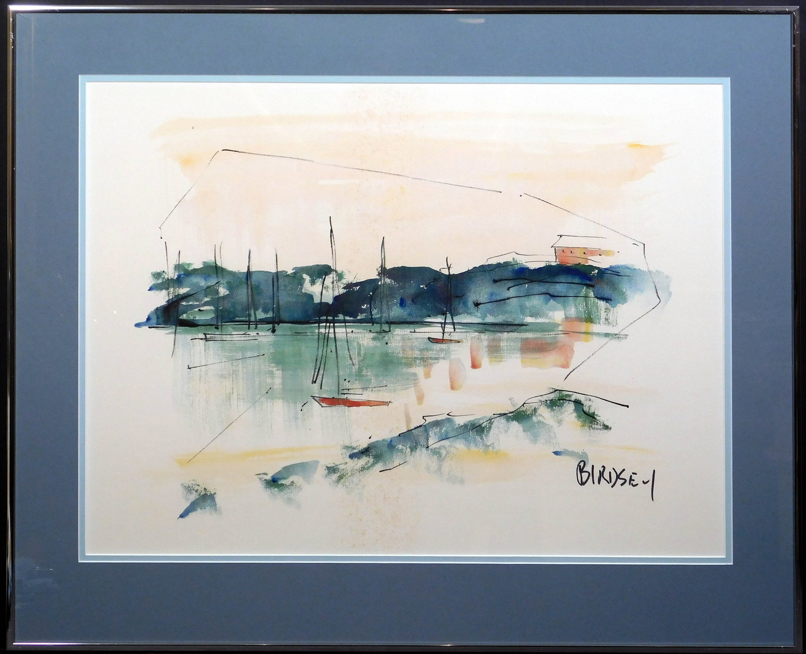 Alfred Birdsey: Boats in a Harbor: Alfred Birdsey (Bermuda, 1912-1996): Boats in a Harbor, Signed watercolor, circa 1990, framed. 17.5 x 23.5 inches image; 24 x 29.25 inches frame. From a corporate collection Good condition. The glass