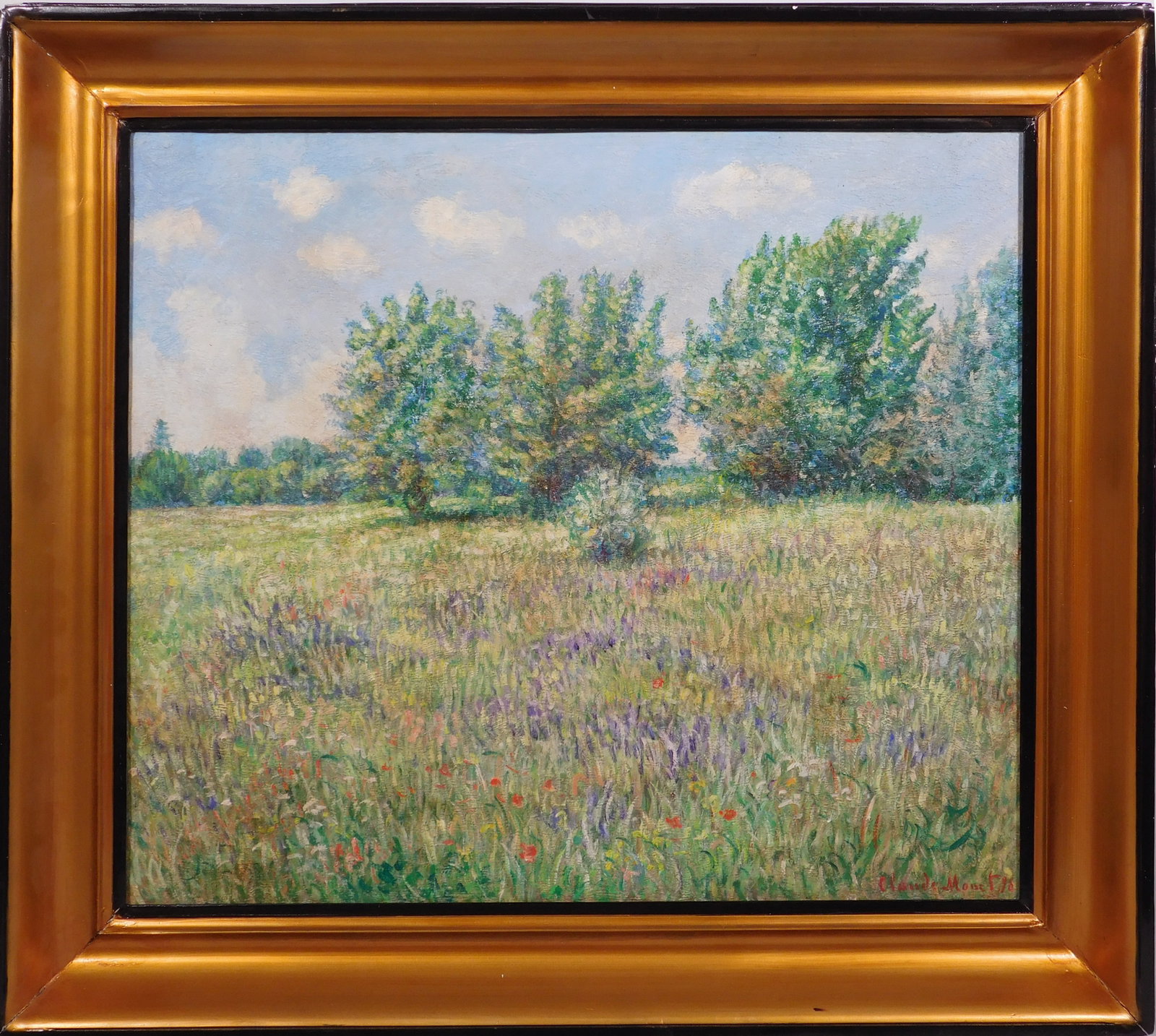 Claude Monet (After): The Flowered Meadow: Claude Monet (French, 1840-1926) After/Manner of: The Flowered Meadow, Oil on an antique canvas, signed Claude Monet and dated '98 (1898) on the lower right corner, framed. Monet in regarded as the fa
