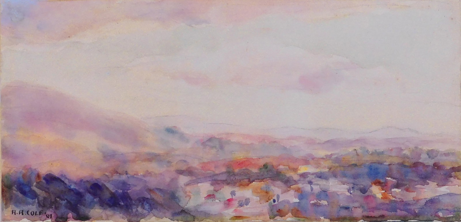 Ada Augusta Cole: Watercolor Landscape: Ada Augusta Cole (American, 1876 - 1960). Watercolor Landscape, 1901. Watercolor on paper mounted to cardboard, signed and dated lower left, unframed. 11 x 16.5 inches cardboard; 6.75 x 13.75 inches