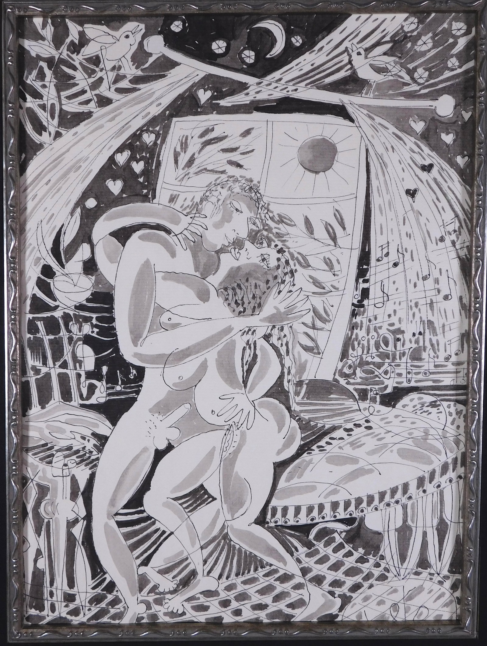 Jean Cocteau Attributed/Manner of: Adam and Eve: Jean Cocteau (1889-1963, France) Attributed/Manner of: Adam and Eve. Ink and ink wash drawing on paper, unsigned, presented in an elaborate frame with museum glass, silk mattes and silver-finished fil