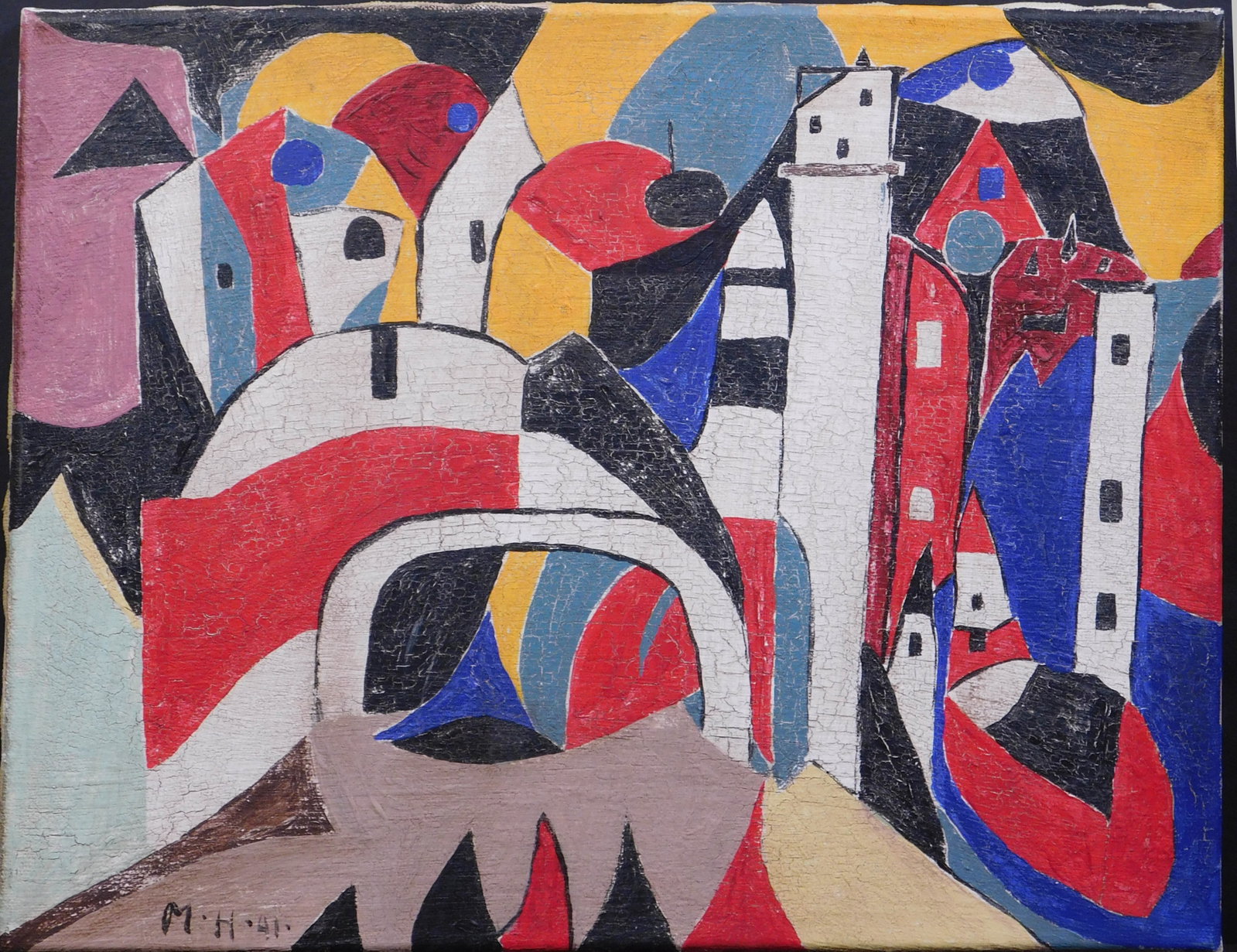 Manner of Marsden Hartley: Abstracted City: Manner of Marsden Hartley (1877-1943, USA): Abstracted City. Oil on canvas, signed with the initials M.H. 41 (1941)unframed. Marsden Hartley is one of the most famous early modernist artists of twenti
