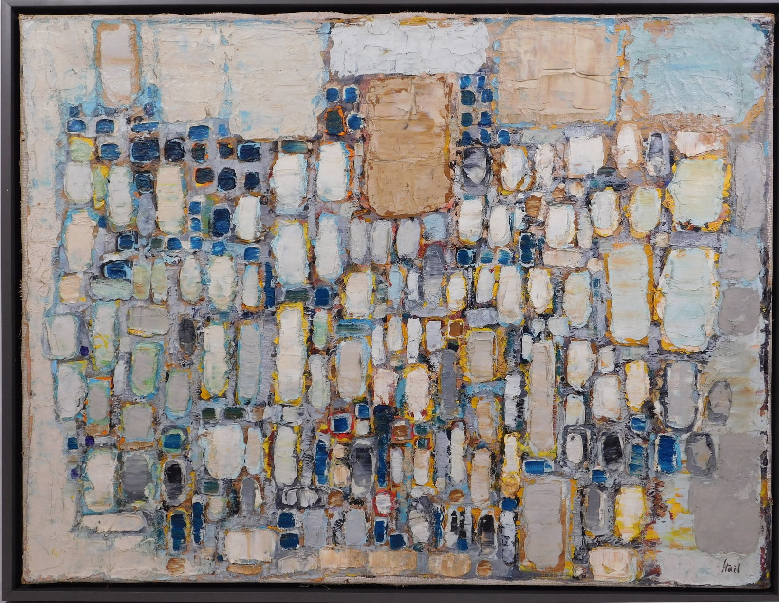 Nicolas de Stael Attributed Abstract Painting: Nicolas de Stael (1914-1955) Attributed:Composition c. 1951oil on heavy canvas, signed 'Stael' (lower right), installed in a newer floater frame. 24 x 31.25 inch canvas; 32.75 x 25.25 inch outer frame