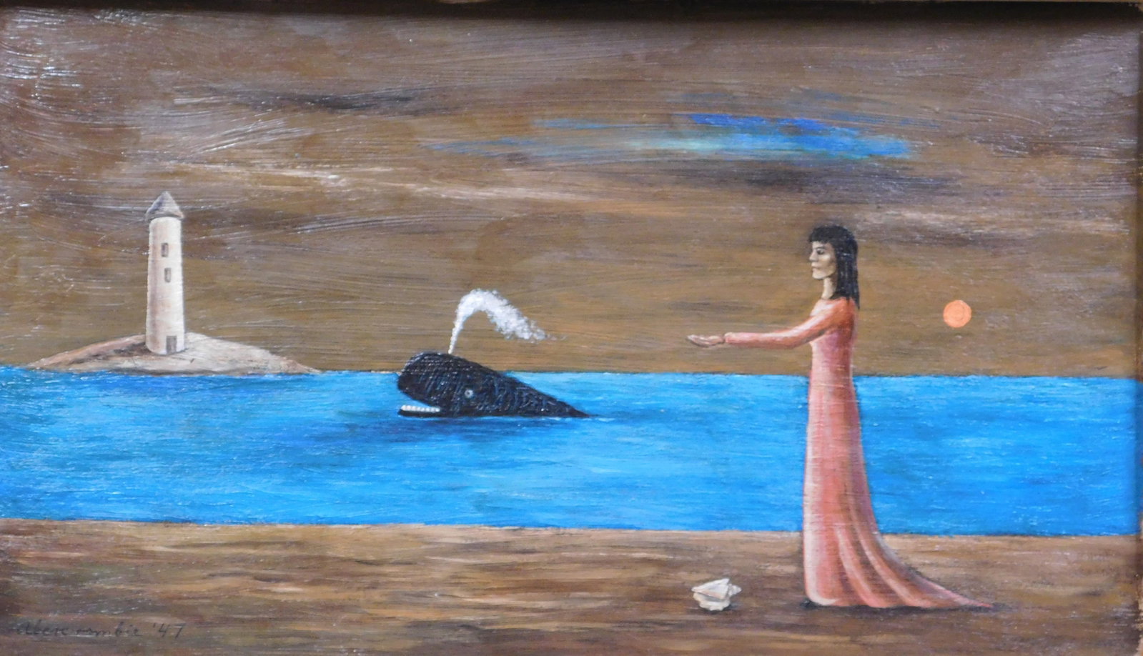 Gertrude Abercrombie Attributed: Woman with Blue Whale: Gertrude Abercrombie (American, 1909-1977) attributed: Woman with Blue Whale oil on masonite panel, signed and dated '47, framed. Known as the Queen of the Bohemian Artists, Gertrude Abercrombie was