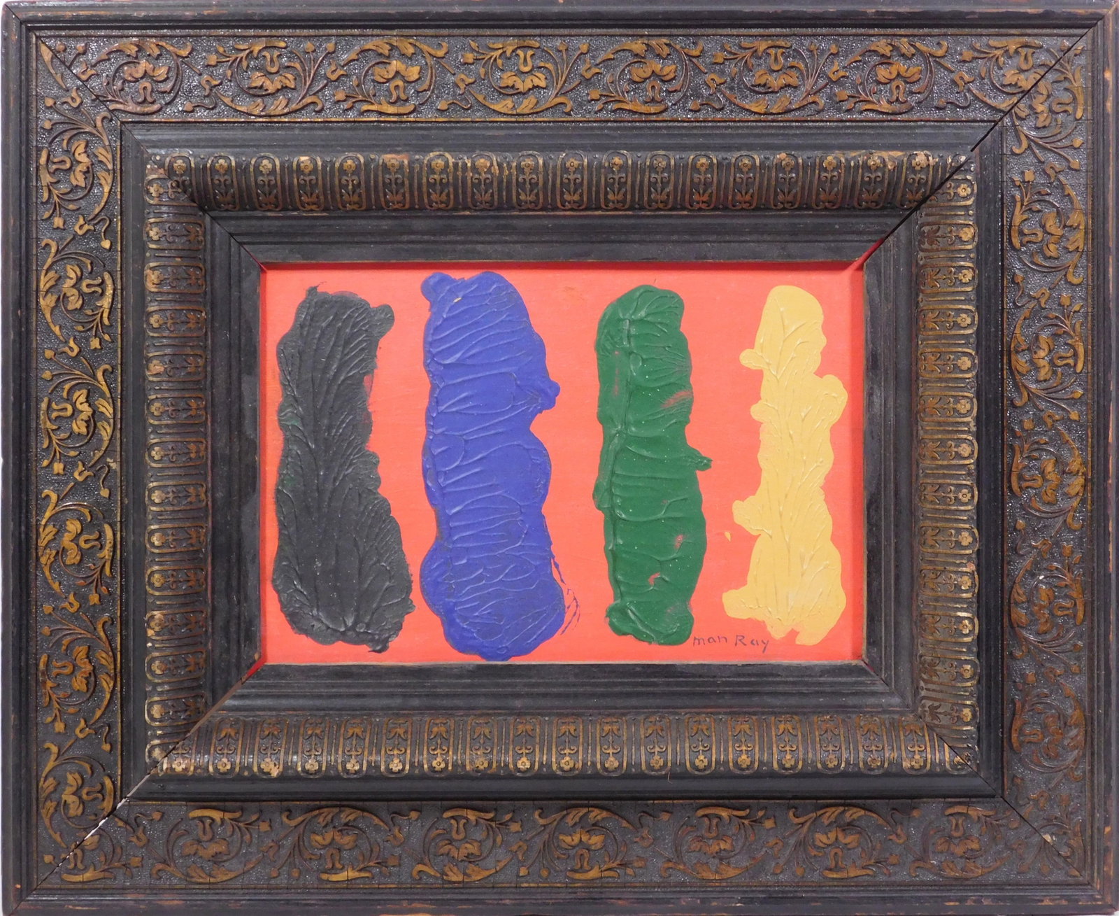 Man Ray Attributed: Natural Painting: MAN RAY (1890-1976) Attributed/Manner of: Natural Painting.Acrylic paint on masonite. Signed lower right. The painting is installed in a hand-painted vintage frame.Acrylic on masonite style