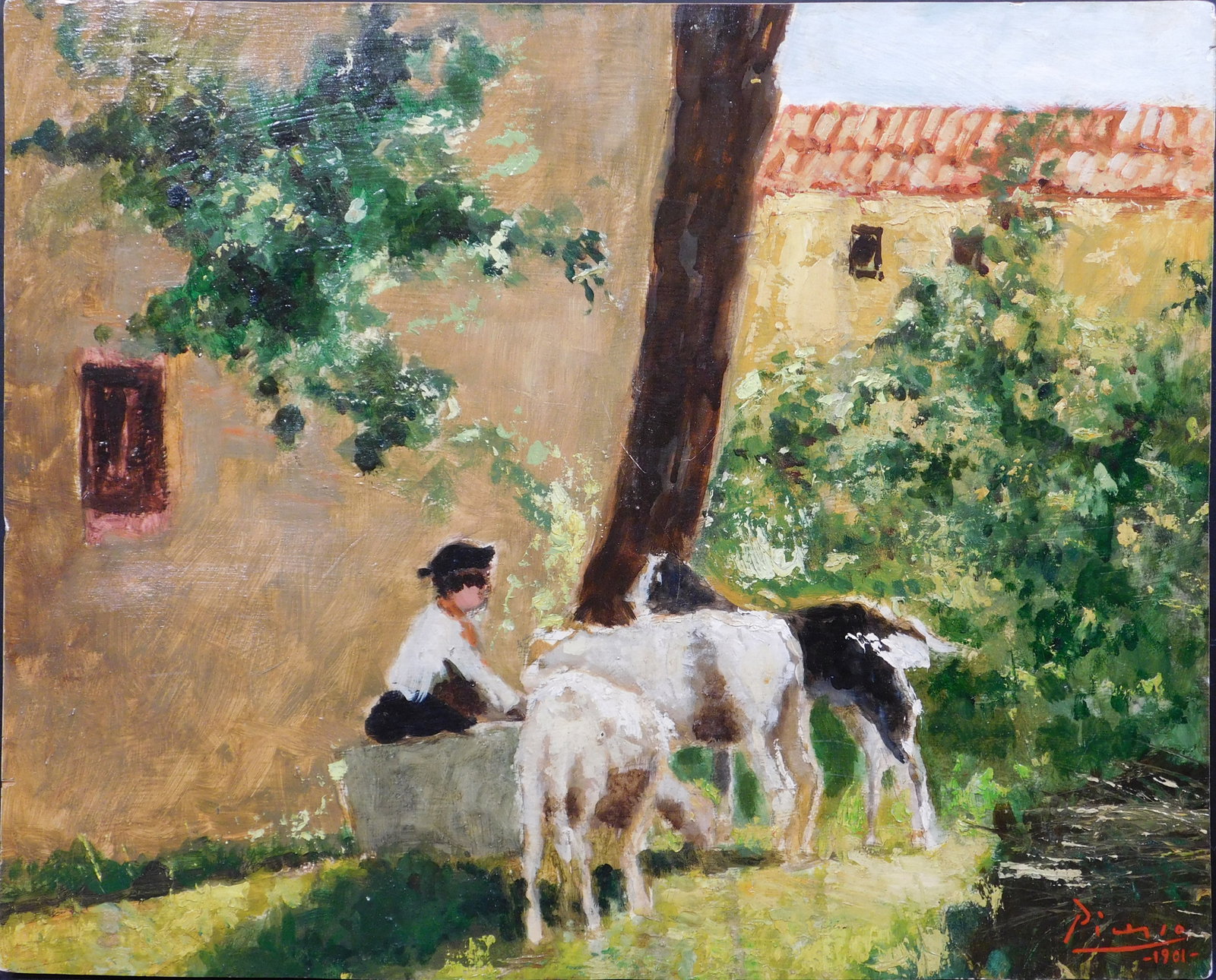 Pablo Picasso Manner of: 1901 Boy With Goats: Pablo Picasso (1881-1973, Spain) Manner of: Boy with Goats. Oil on wooden panel, signed and dated 1901 lower right, unframed. 13x16.4 panel. Private collector Good condition NOTE: If documentation is