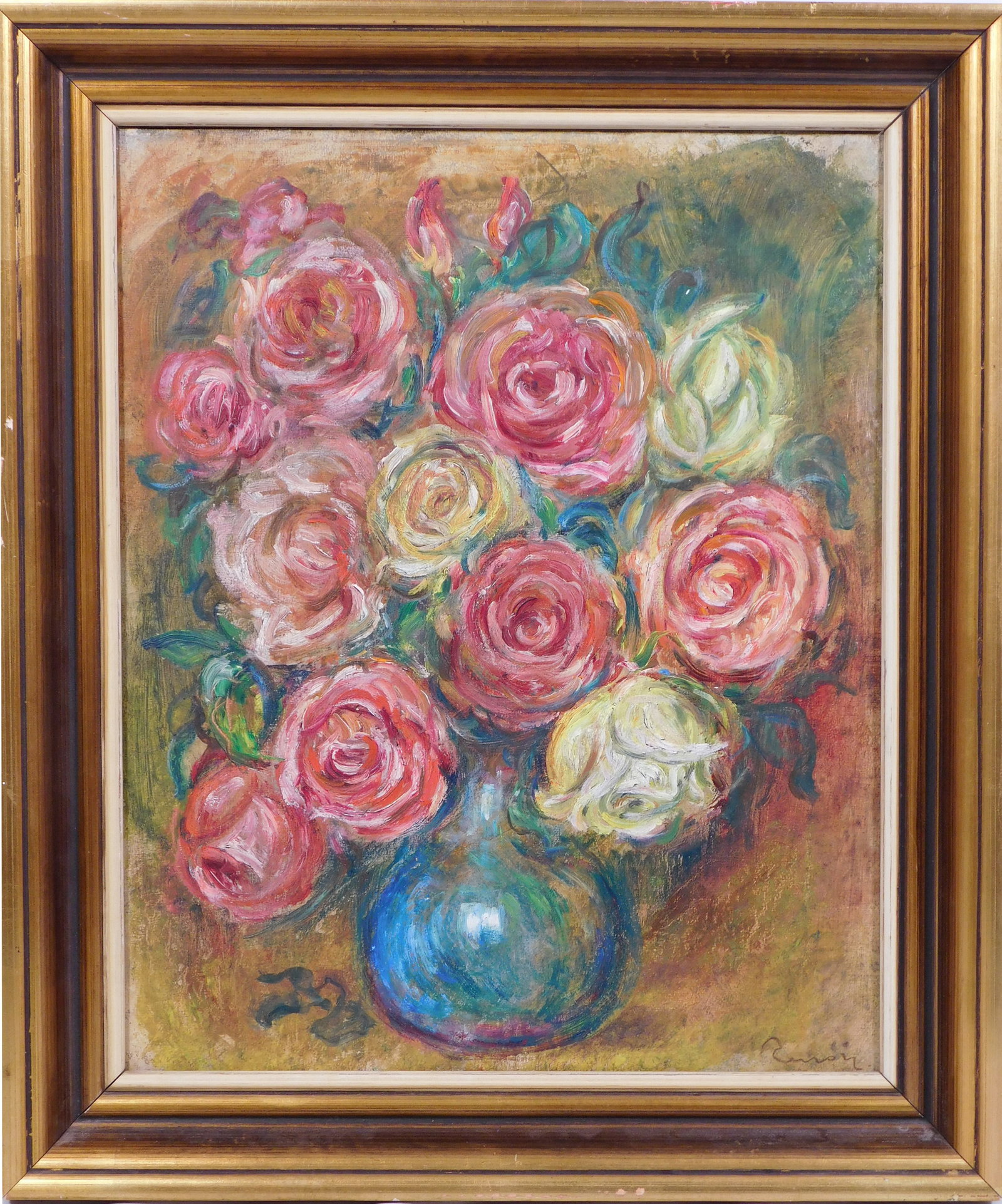 Pierre-August Renoir (Attributed): Roses in a Blue VaseRenoir Floral: Pierre-August Renoir (1841-1919) (Attributed): Roses in a Blue Vase. Oil on an antique canvas, Signed Renoir, lower right corner. Framed. 15.75 x 13 inches, 19 x 16 inches frame. Private collector