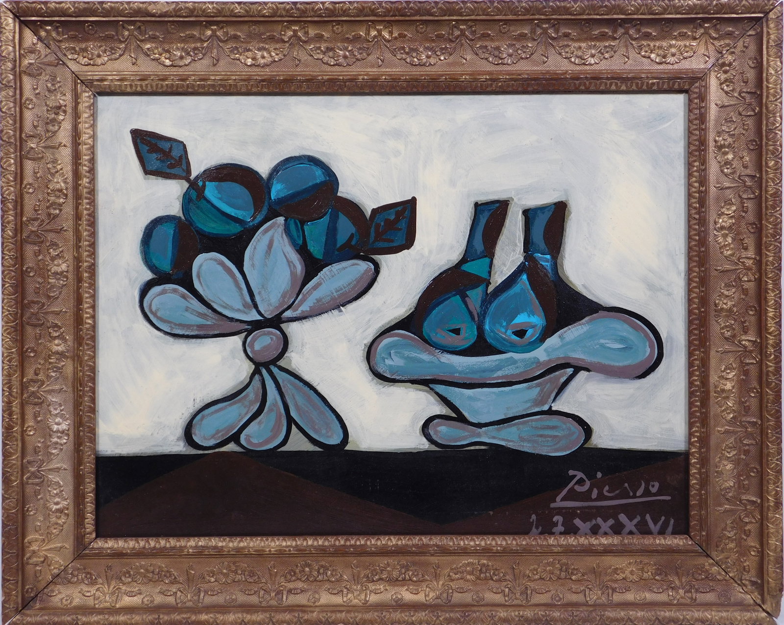 Pablo Picasso: After/Manner of: Dish of Pears: Pablo Picasso (Spanish, 1881-1973) After/Manner of:?Dish of Pears. Oil on prepared wooden panel, signed Picasso and dated 2.7.XXXVI (1936). Verso bears decorative labels. Framed, with an