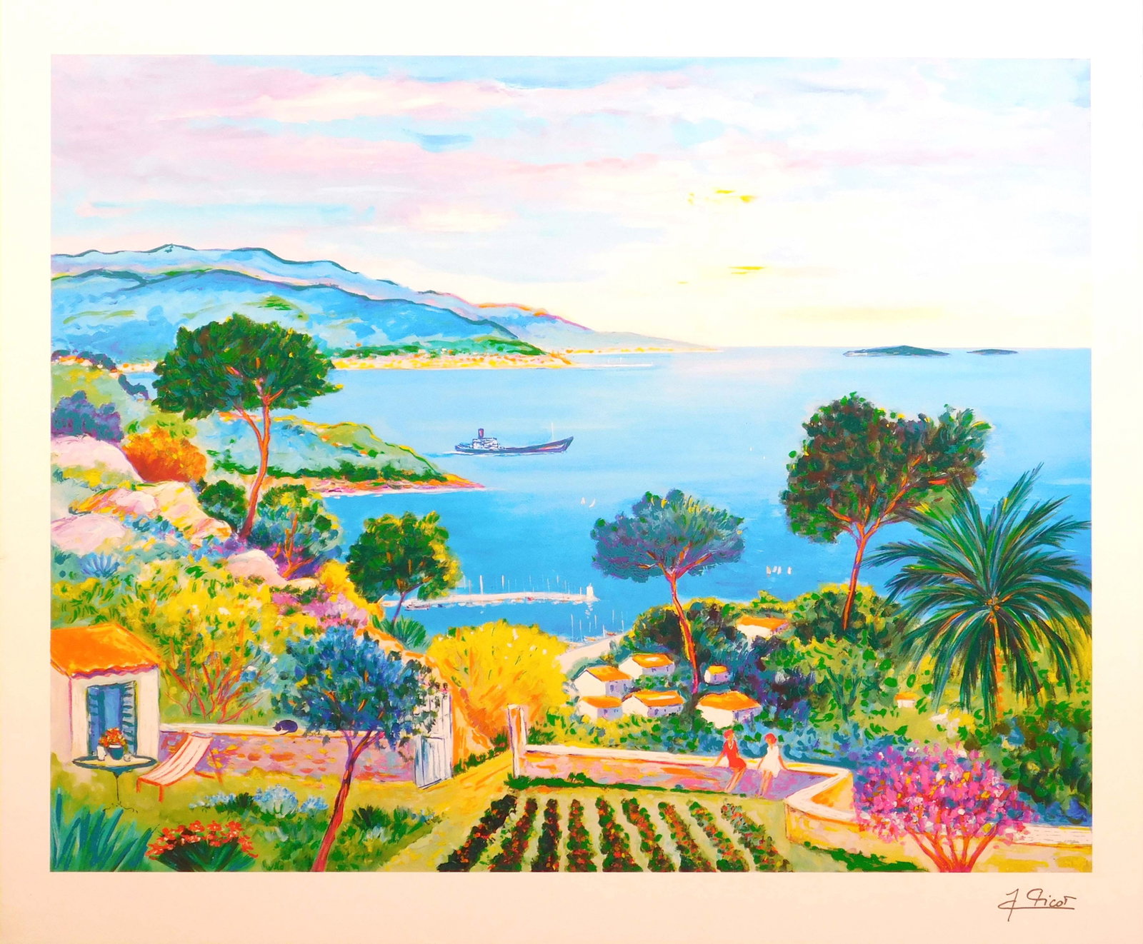 Jean-Claude Picot: Femmes au Jardin a Theoule: Jean-Claude Picot (French, 1933 - 2020): Femmes au Jardin a Theoule. Serilithograph in color on paper, signed in plate, unframed. Jean Claude Picot, a French artist working professionally since 1956,