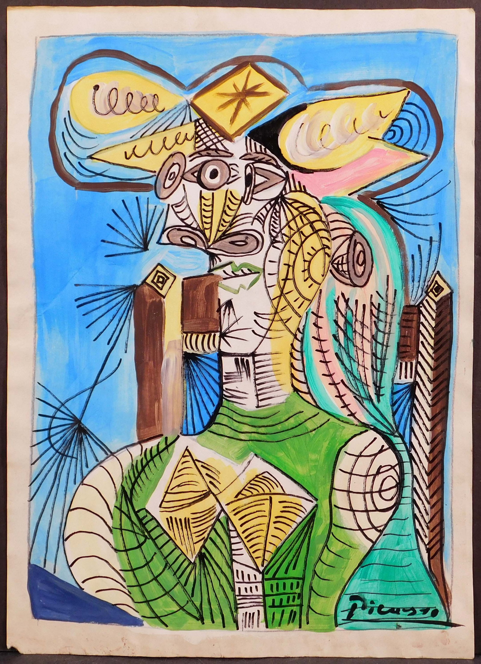 Pablo Picasso, Style of: Portrait du Femme: Pablo Picasso (Spanish, 1881-1973) Style of: Portrait du Femme. Gouache on paper, signed lower right, decorative stamps verso. 11.5 x 8.25 inches paper. Private collection Quebec Good condition paper 