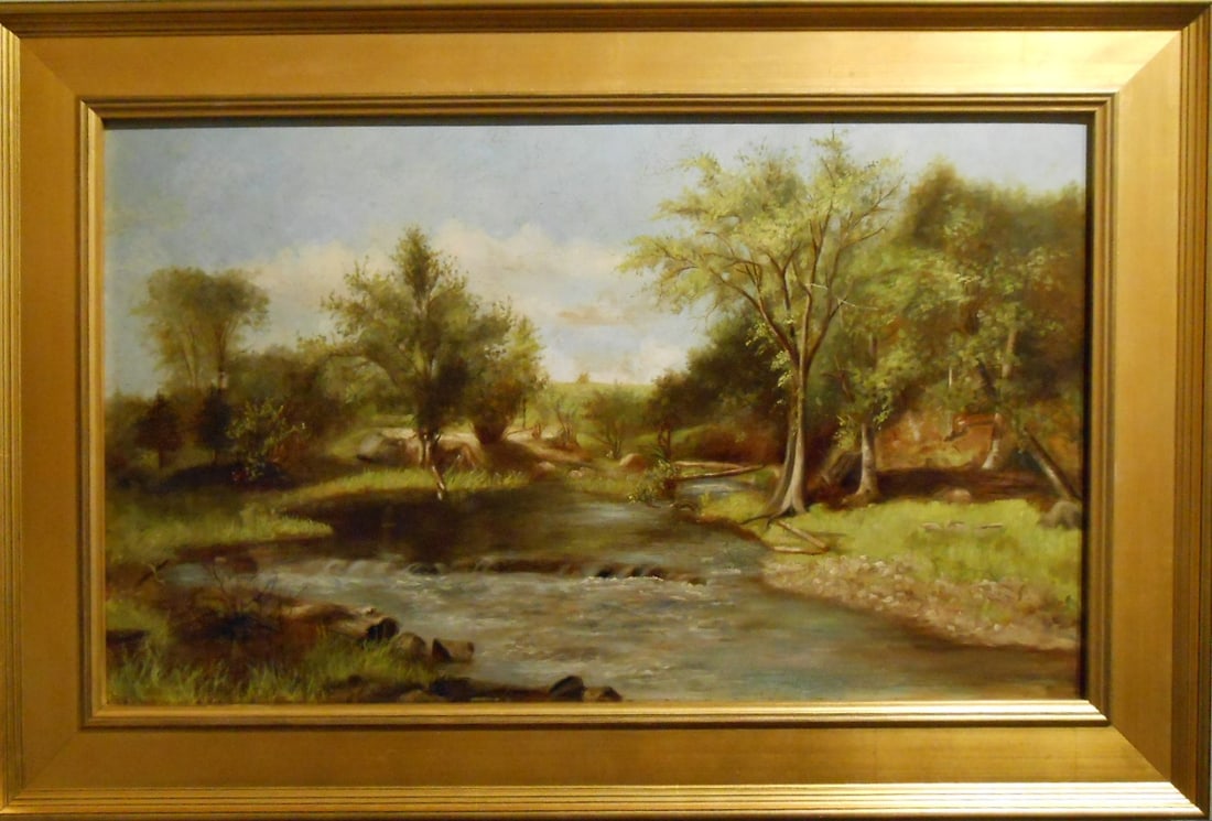 American School: Landscape with Stream: American/Hudson River School: Landscape with Stream, c. 1890. Oil on canvas, unsigned, framed. 29.25 x 17.5 inches sight, 36.5 x 24.25 inches framed. Private Collection, New England Good condition.